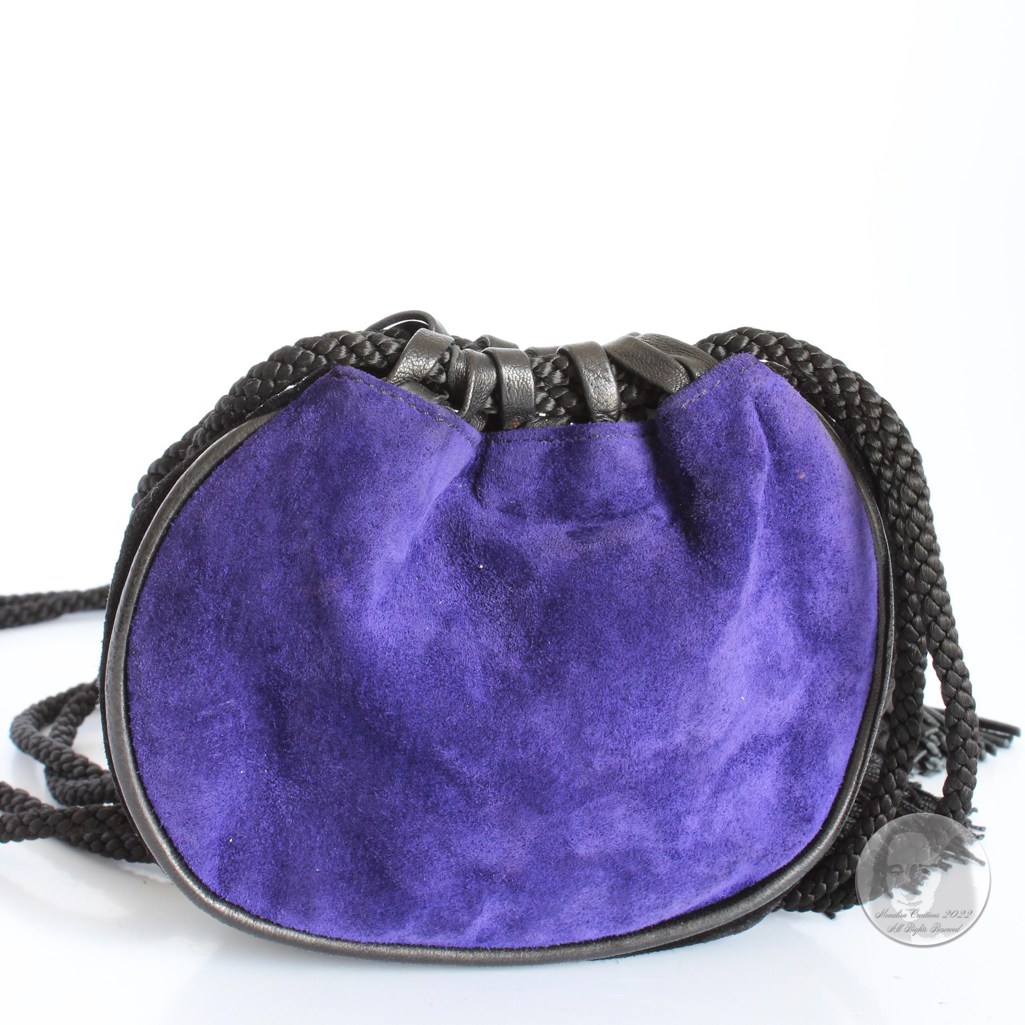Yves Saint Laurent Evening Bag Tassels Purple Black Suede Leather Belt Pouch 90s 5