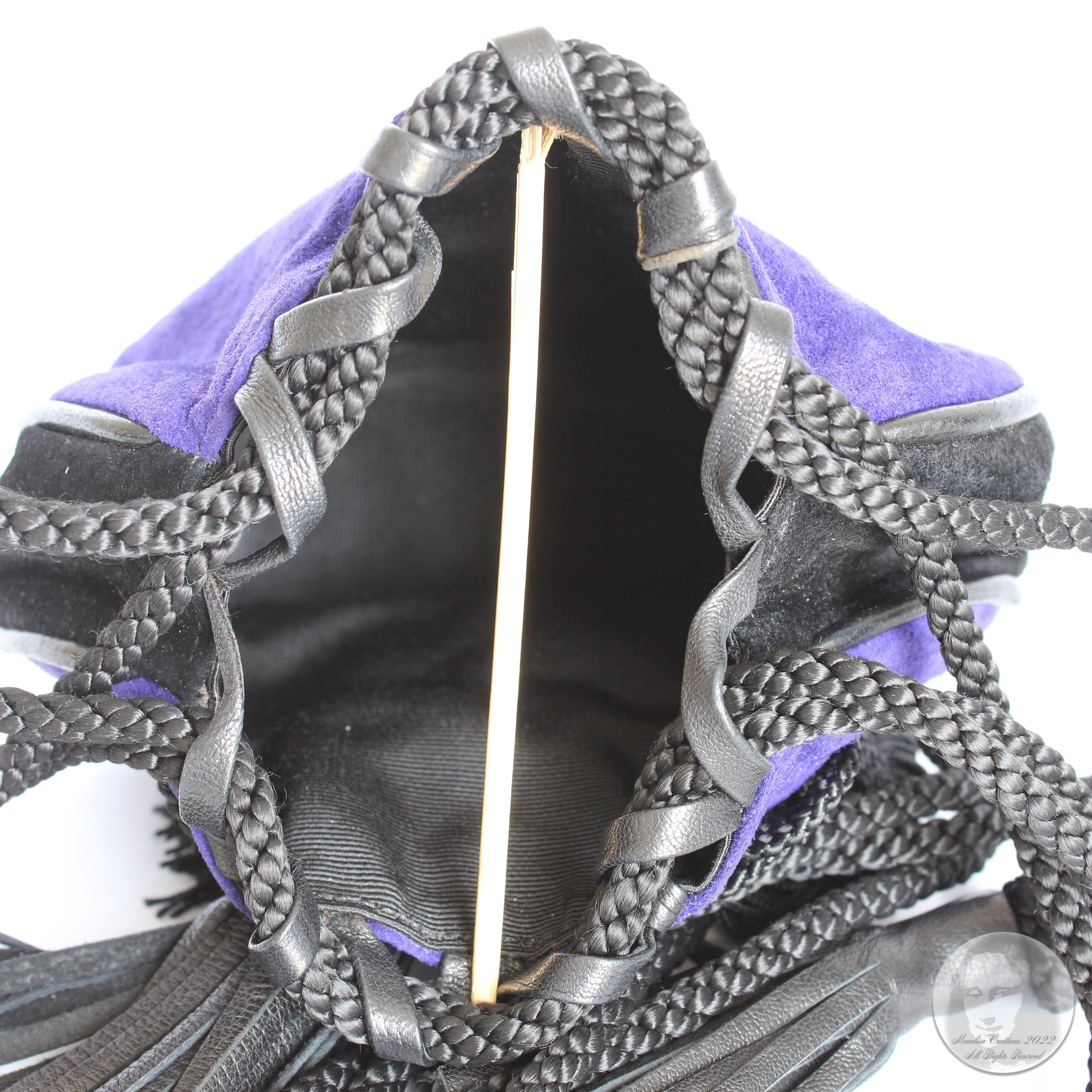 Yves Saint Laurent Evening Bag Tassels Purple Black Suede Leather Belt Pouch 90s 6
