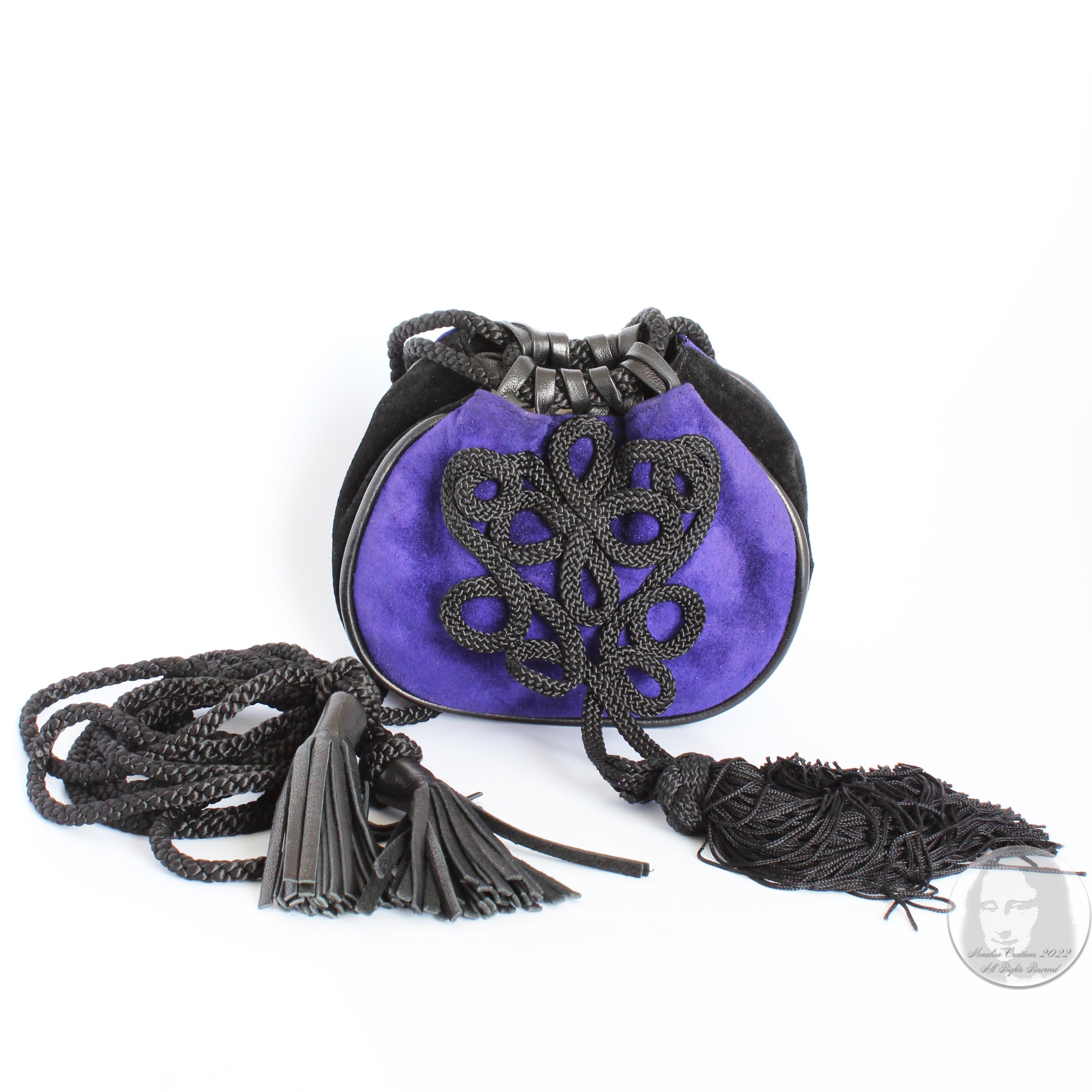 Women's or Men's Yves Saint Laurent Evening Bag Tassels Purple Black Suede Leather Belt Pouch 90s