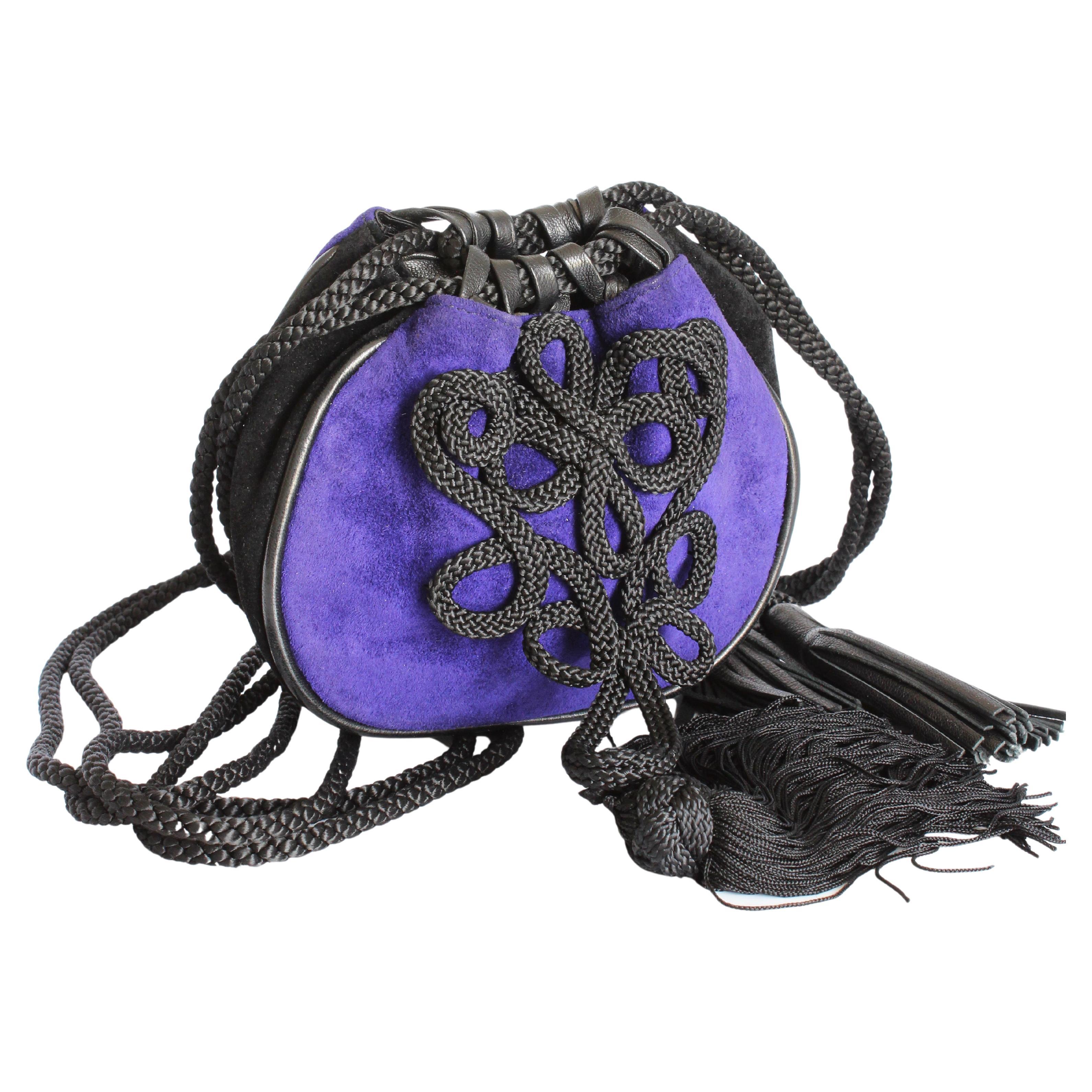 Yves Saint Laurent Evening Bag Tassels Purple Black Suede Leather Belt Pouch 90s