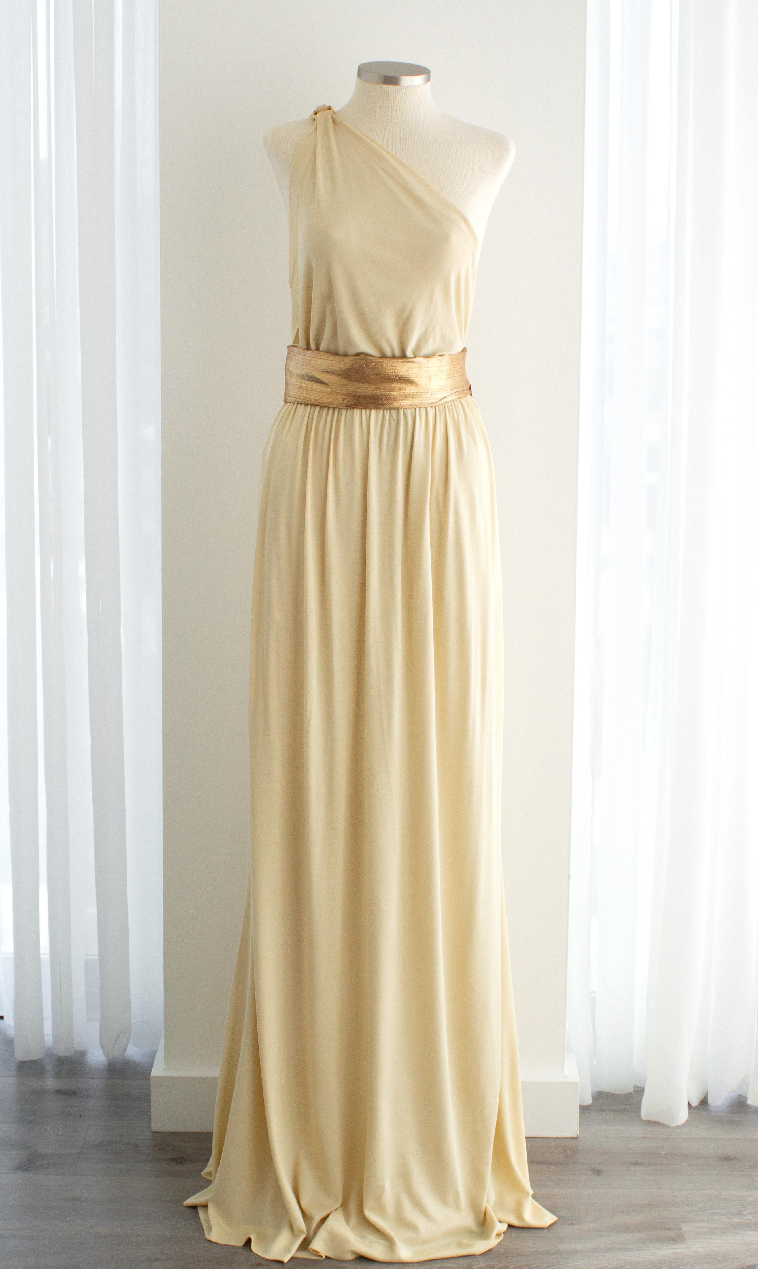 Yves Saint Laurent F/W 1975 Vintage Crema Oro Diosa Vestido Plisado 1