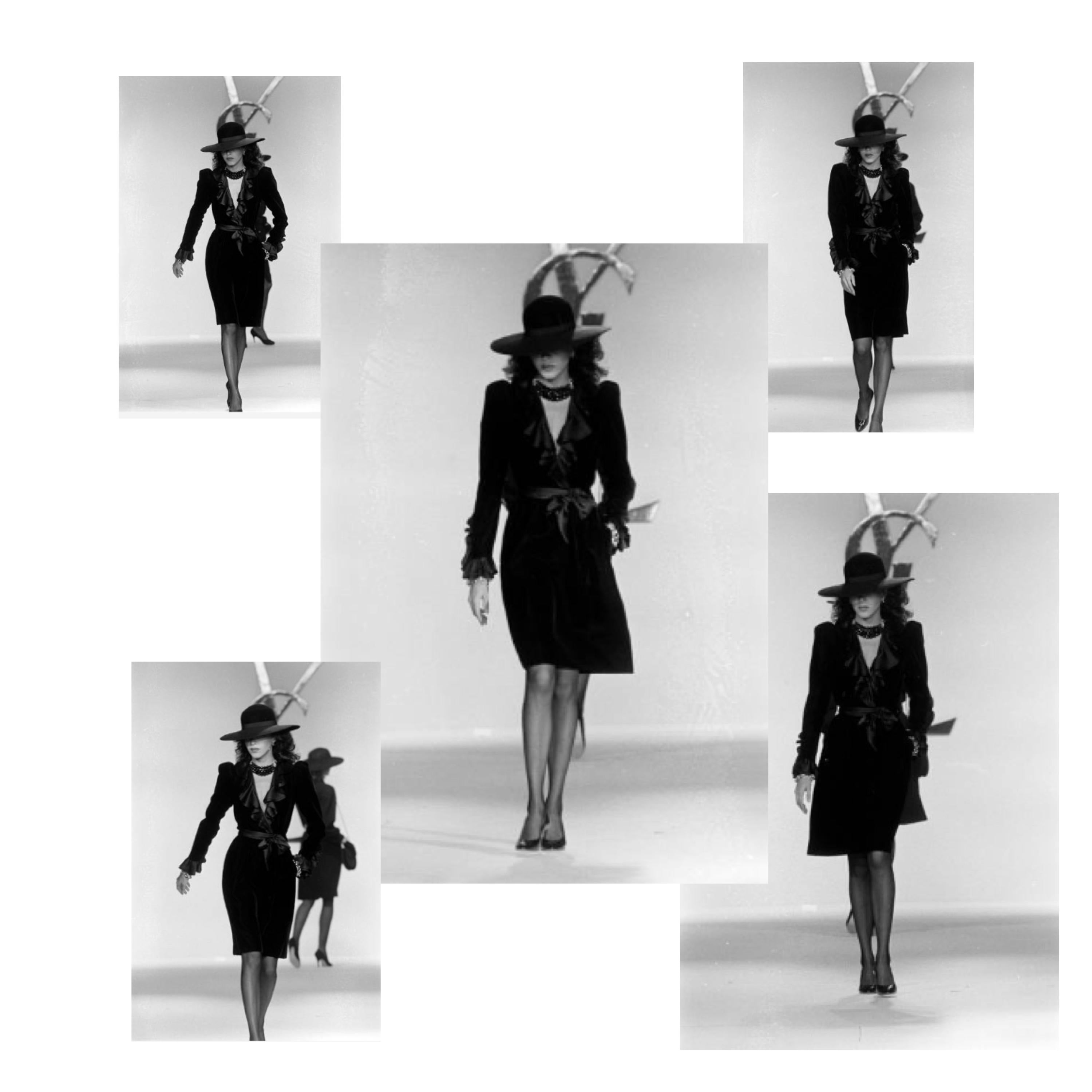 Yves Saint Laurent F/W 1982 Laufsteg dokumentiert Schwarzes Samtkleid mit gerafftem Kragen Damen im Angebot