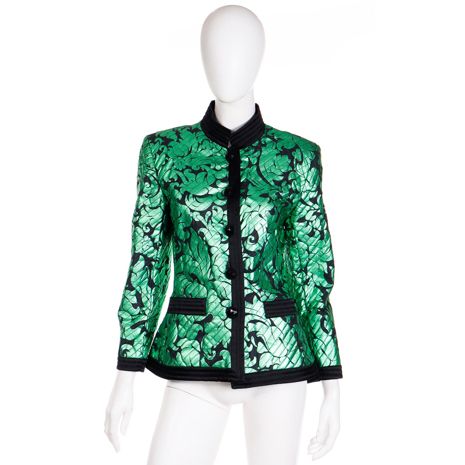 Yves Saint Laurent F/W 1986 / 87 Green Lame Jacket with Quilted Black Satin Trim In Good Condition In Portland, OR