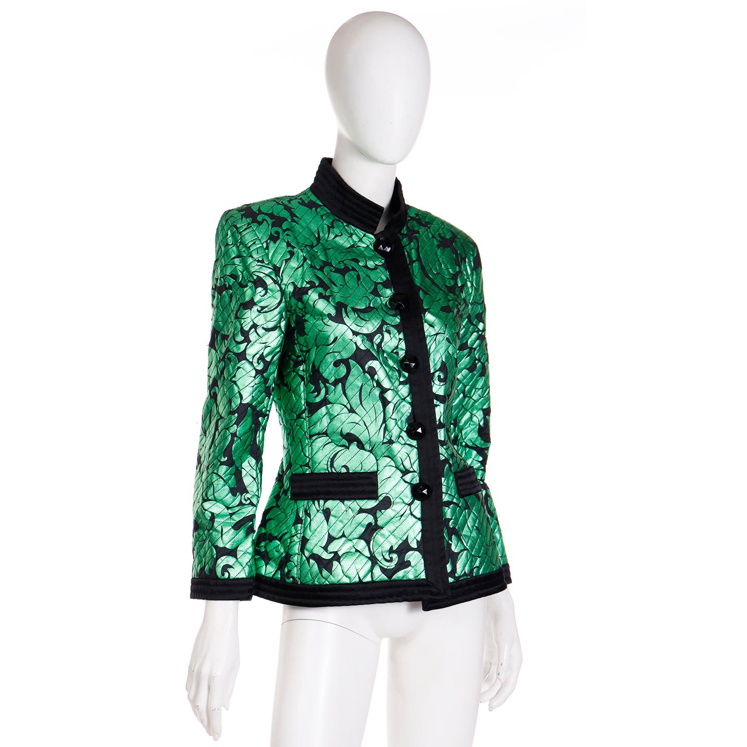 Women's Yves Saint Laurent F/W 1986 / 87 Green Lame Jacket with Quilted Black Satin Trim