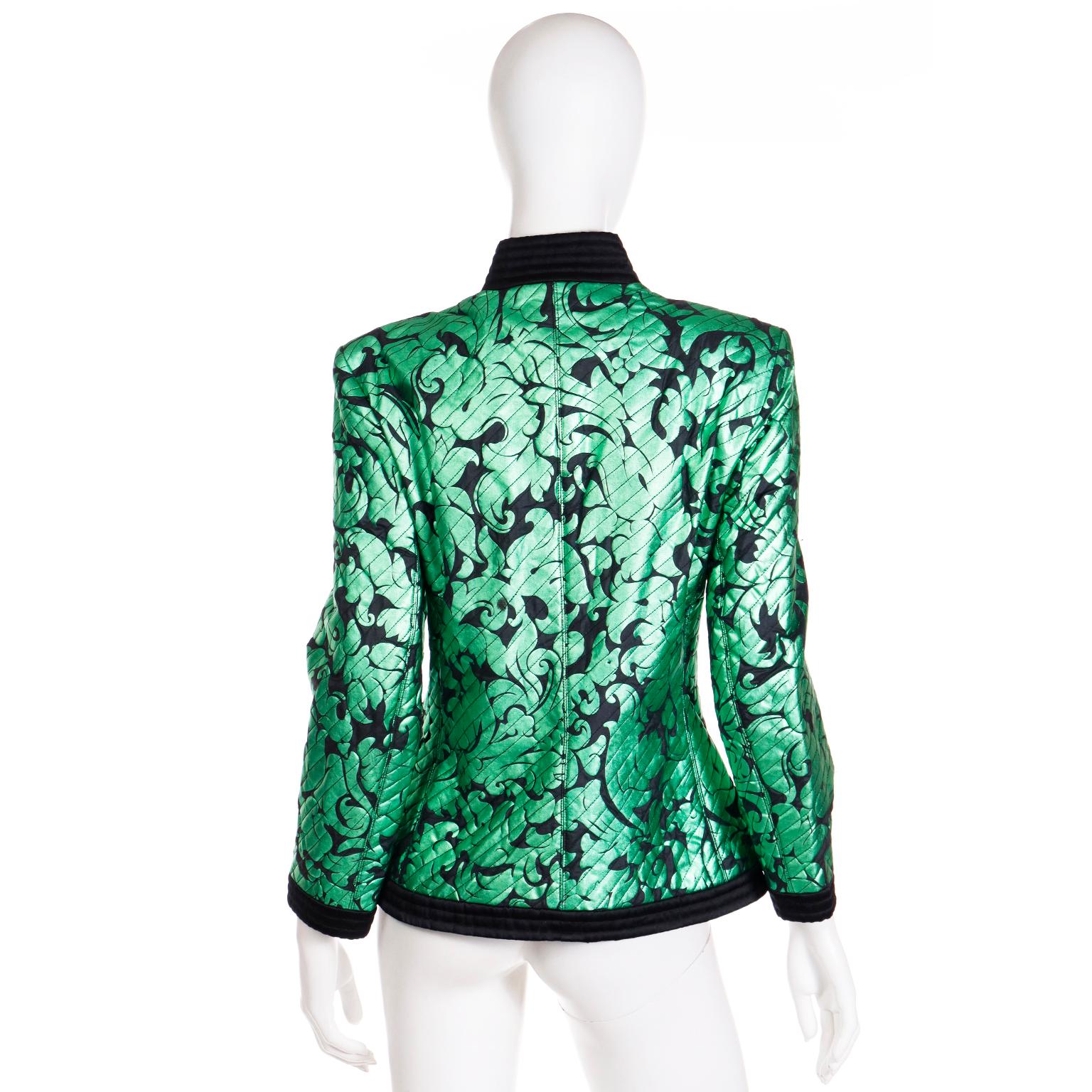 Yves Saint Laurent F/W 1986 / 87 Green Lame Jacket with Quilted Black Satin Trim 1