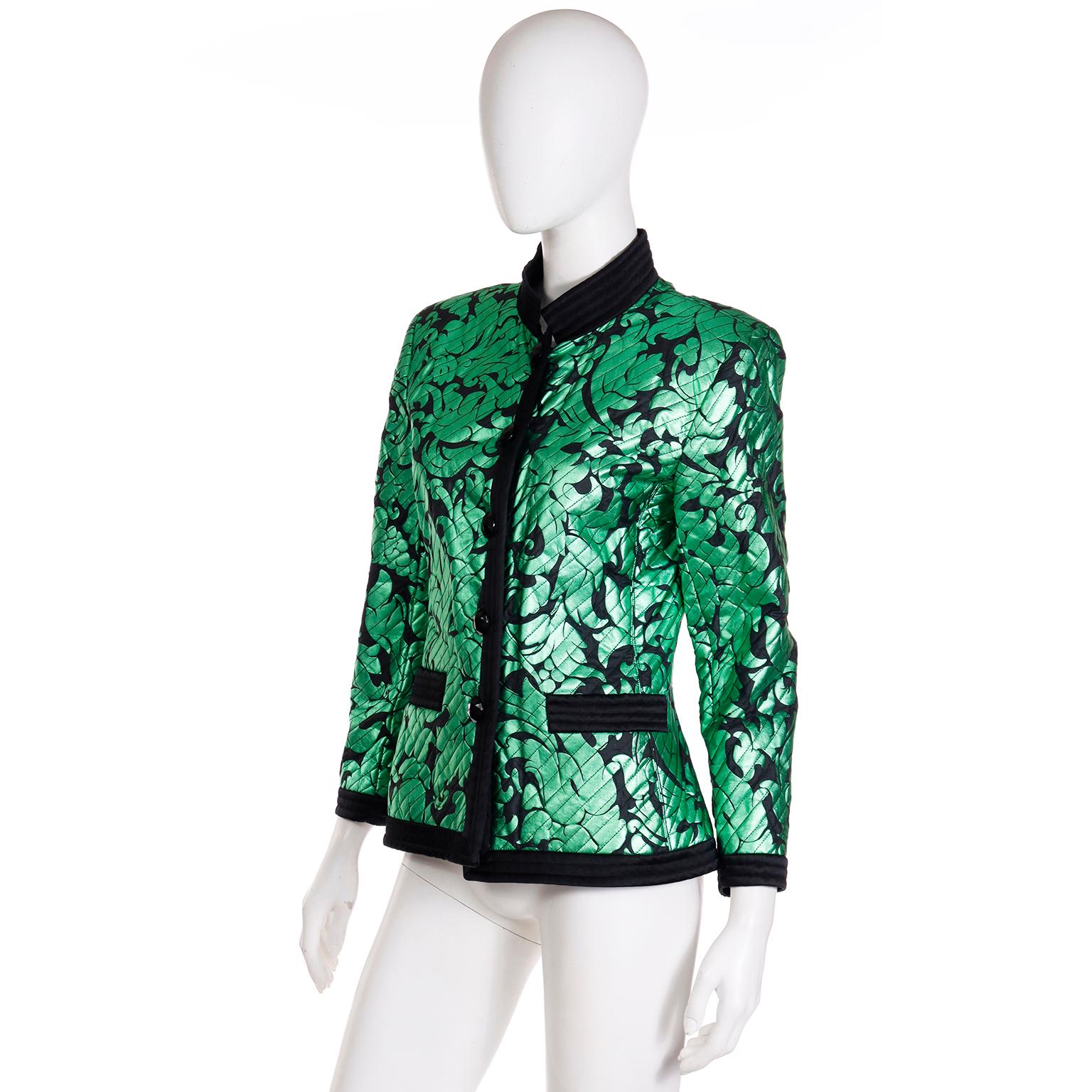 Yves Saint Laurent F/W 1986 / 87 Green Lame Jacket with Quilted Black Satin Trim 2