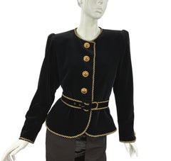 Yves Saint Laurent F/W 1990 Black Velvet Metallic Gold Trim Jacket  French 38