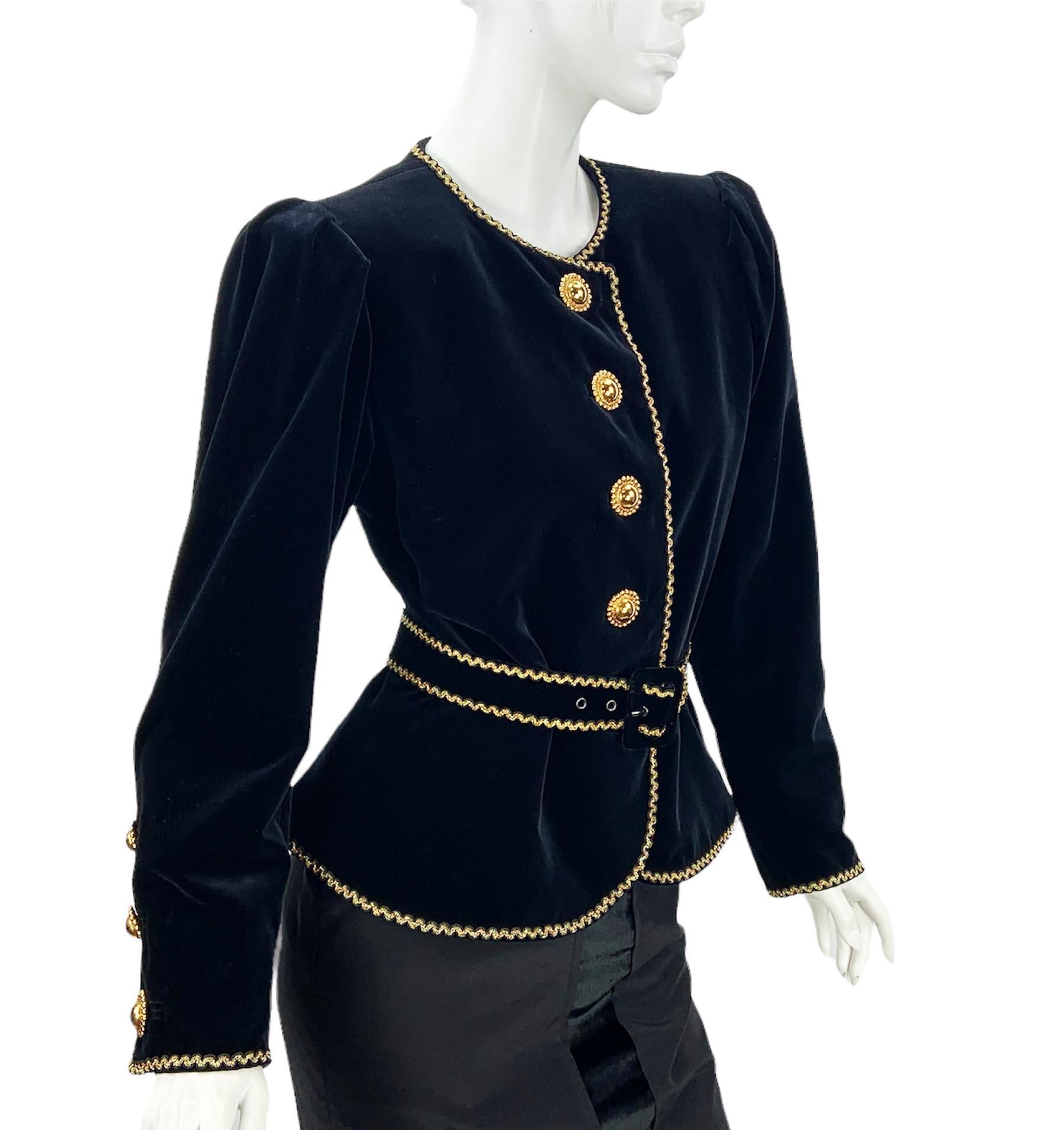 Yves Saint Laurent F/W 1990 Black Velvet Metallic Gold Trim Jacket  French 38 In Excellent Condition For Sale In Montgomery, TX