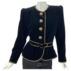 Yves Saint Laurent F/W 1990 Black Velvet Metallic Gold Trim Jacket  French 38