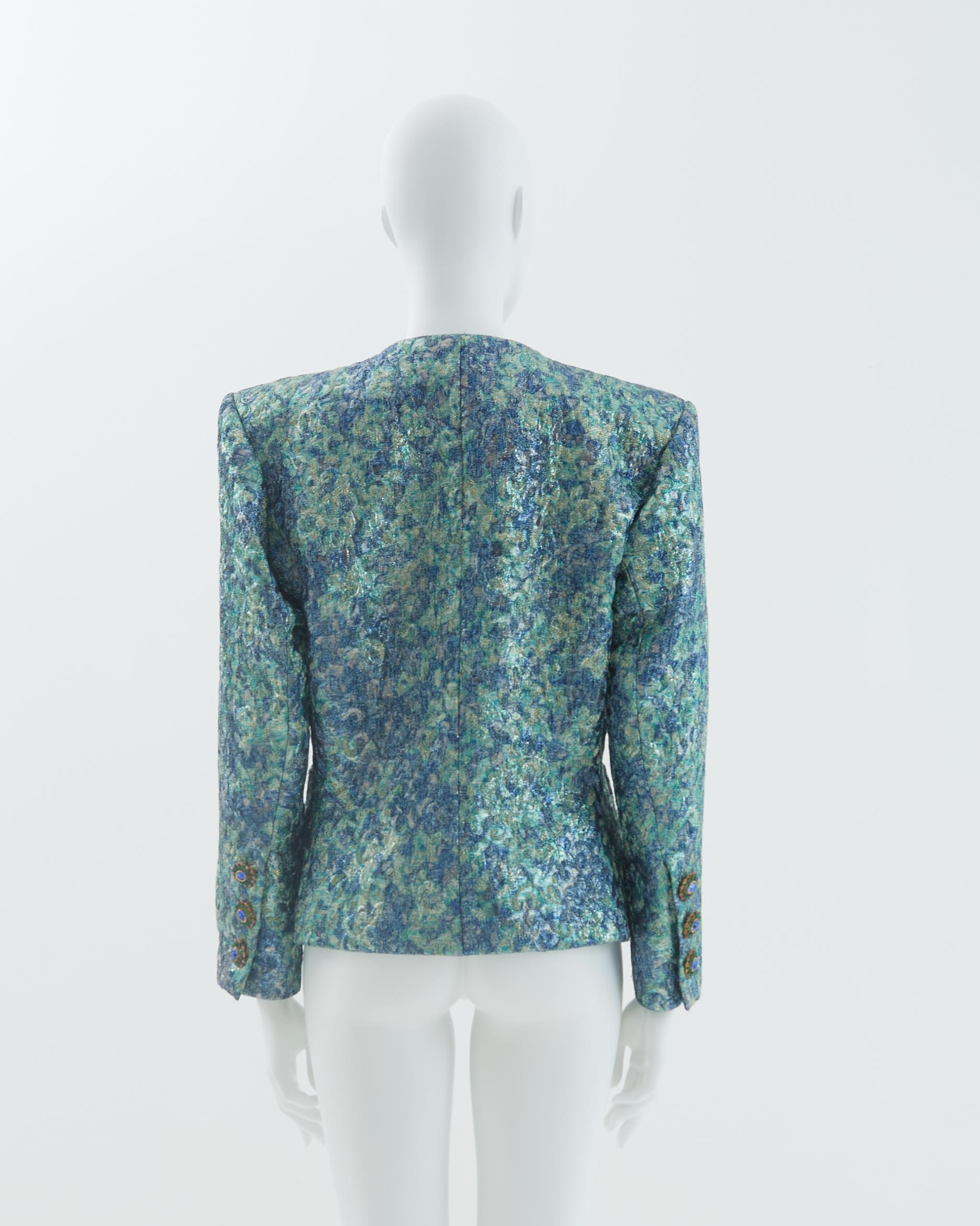 Gray Yves Saint Laurent F/W 1991 Blue silk and lurex brocade evening jacket For Sale