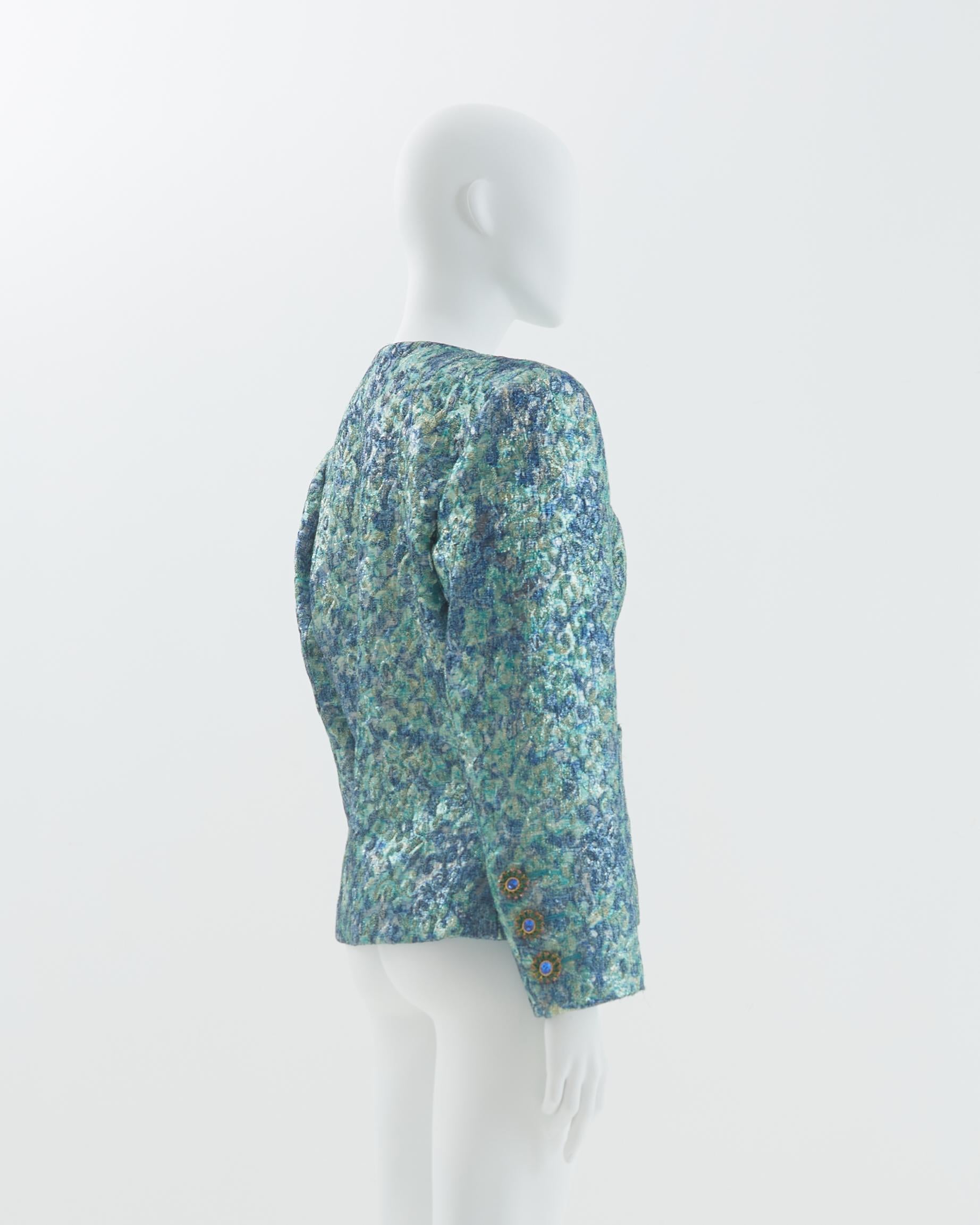 Yves Saint Laurent F/W 1991 Blue silk and lurex brocade evening jacket In Excellent Condition For Sale In Milano, IT