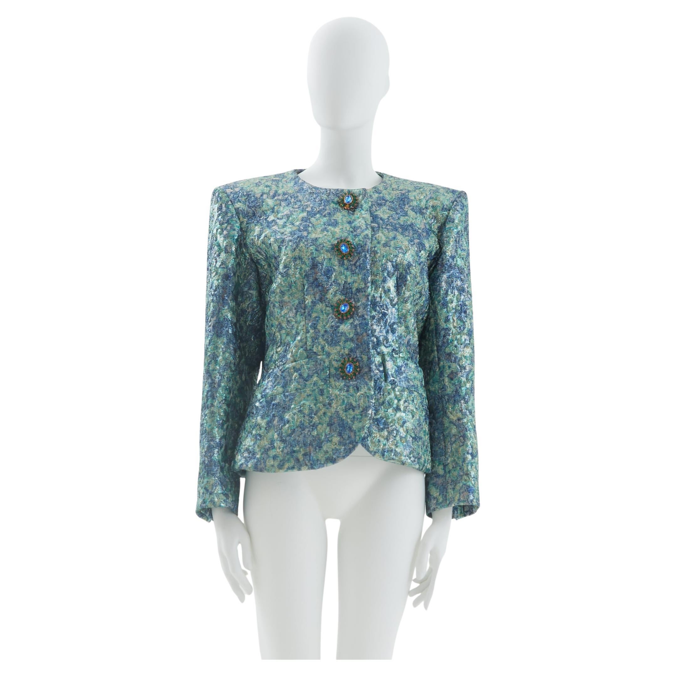 Yves Saint Laurent F/W 1991 Blue silk and lurex brocade evening jacket For Sale