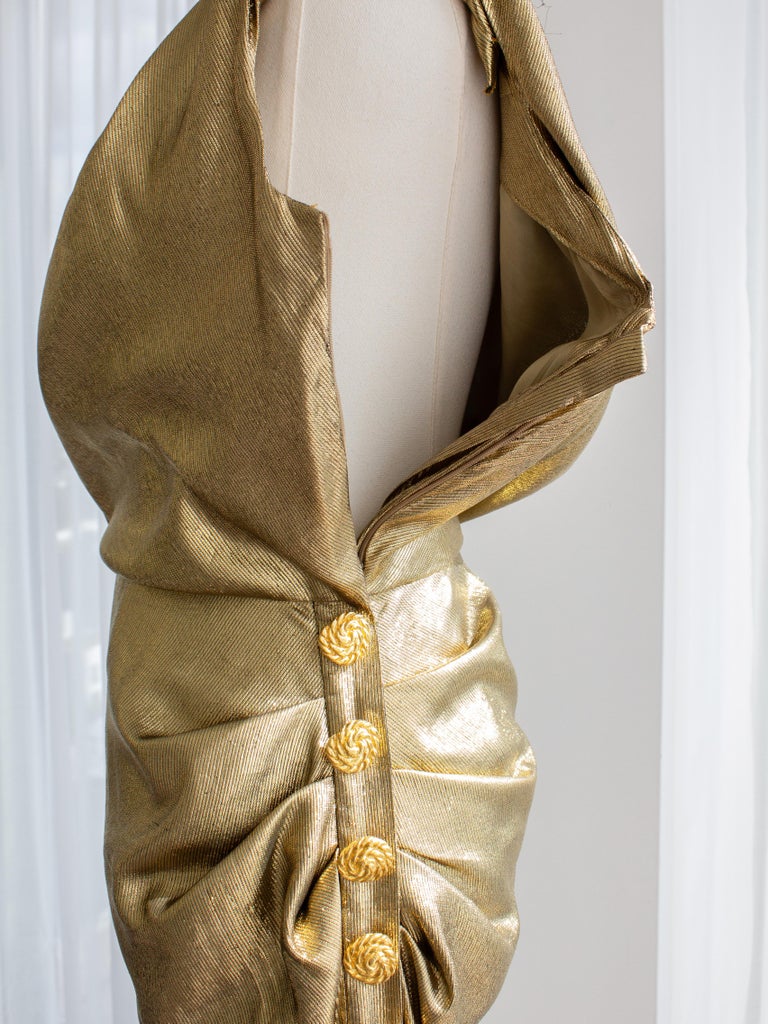 ysl 1991 gold dress Iconic Fall 1991 Yves Saint Laurent Runway Slinky Gold Lame Dress w Go –  Shrimpton Couture main image 0