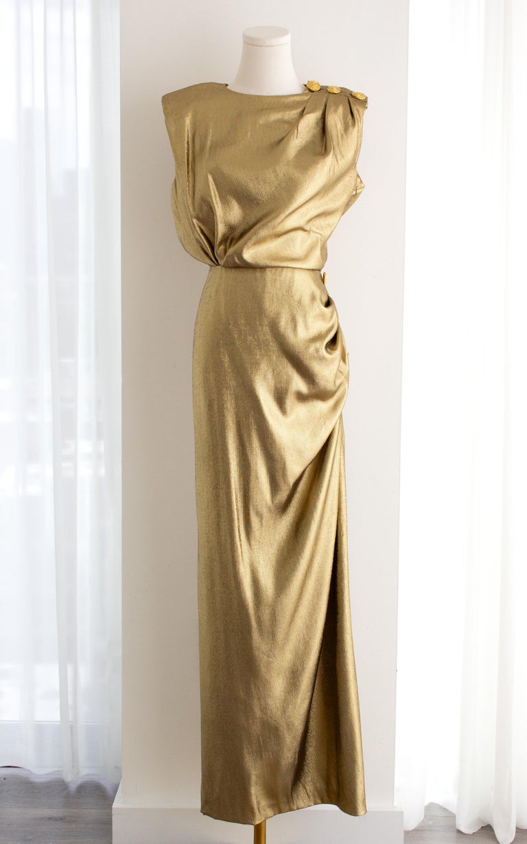 ysl gold dress 1991 Extraordinary Fall 1991 Yves Saint Laurent Well Documented Gold Brocade  Coat W Jewel Buttons