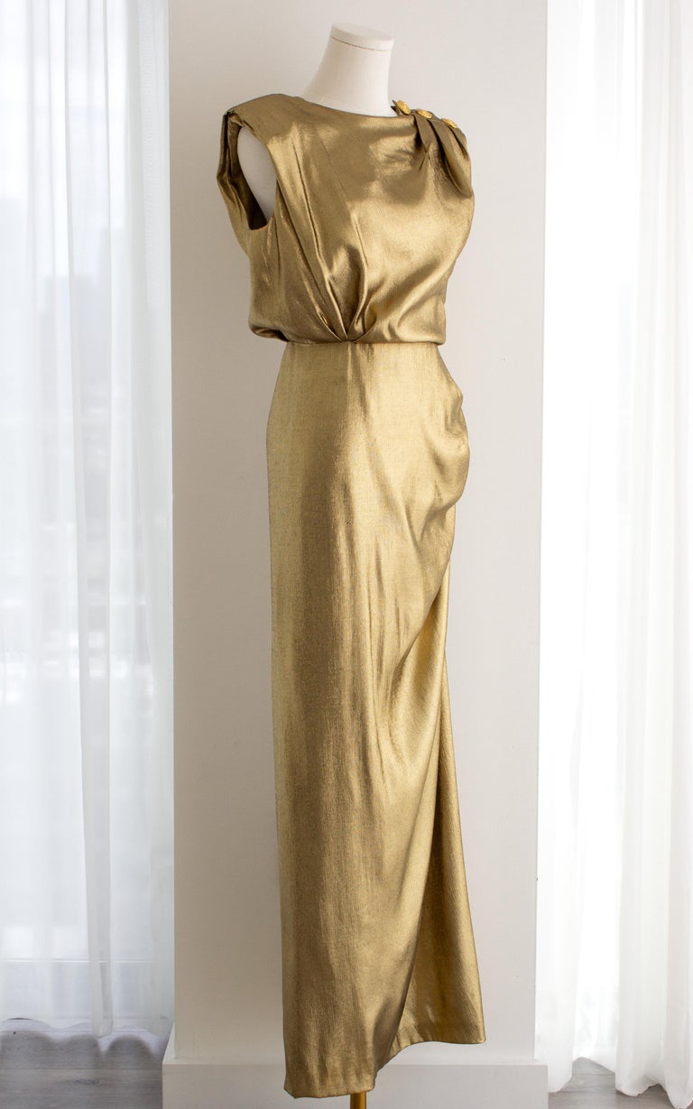 Yves Saint Laurent F/W 1991 Liquid Gold Silk Lame Draped Evening Dress Gown  at 1stDibs