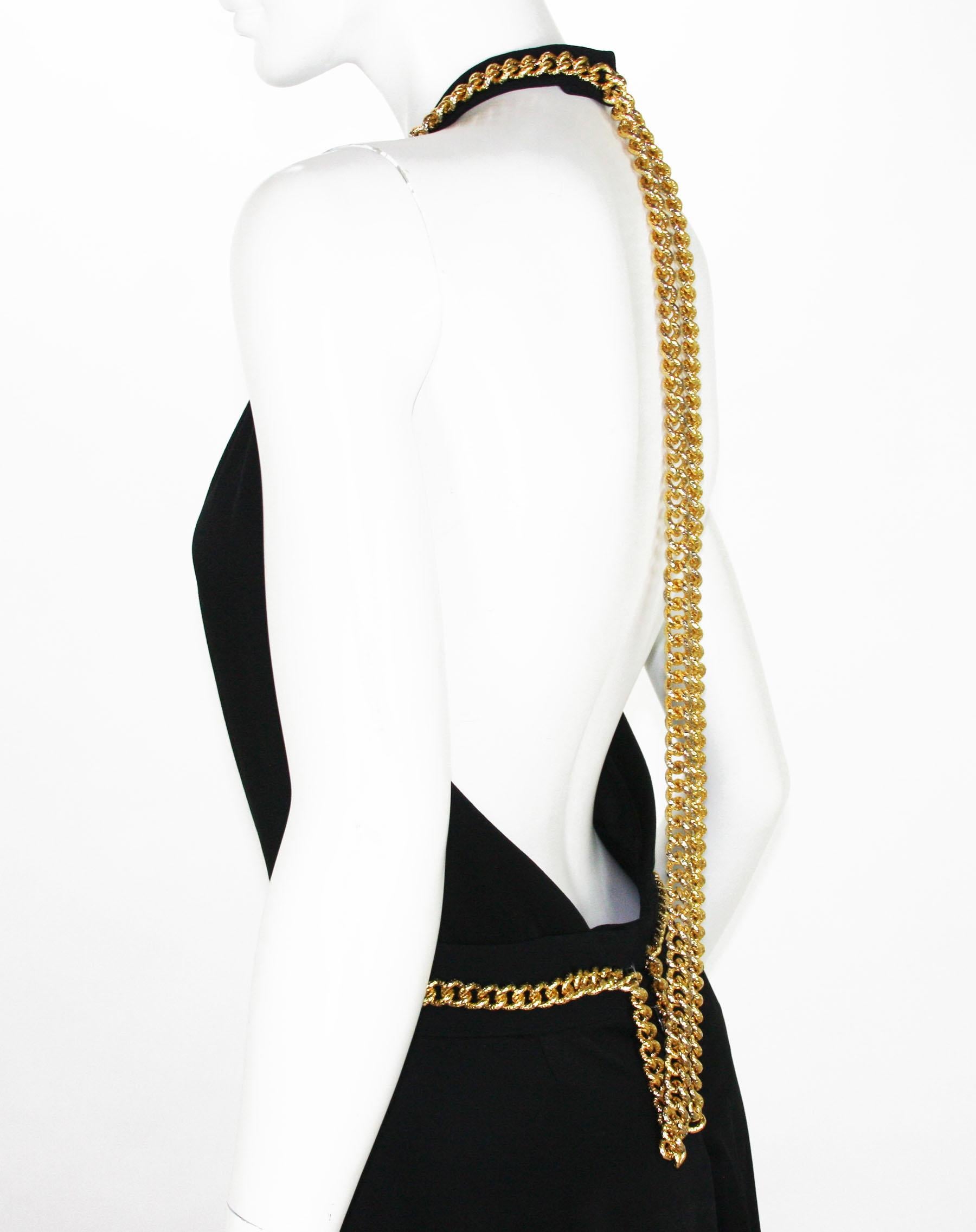Yves Saint Laurent F/W 2011 Gold Chain-Embellished Crepe Black Jumpsuit Fr. 38 For Sale 3