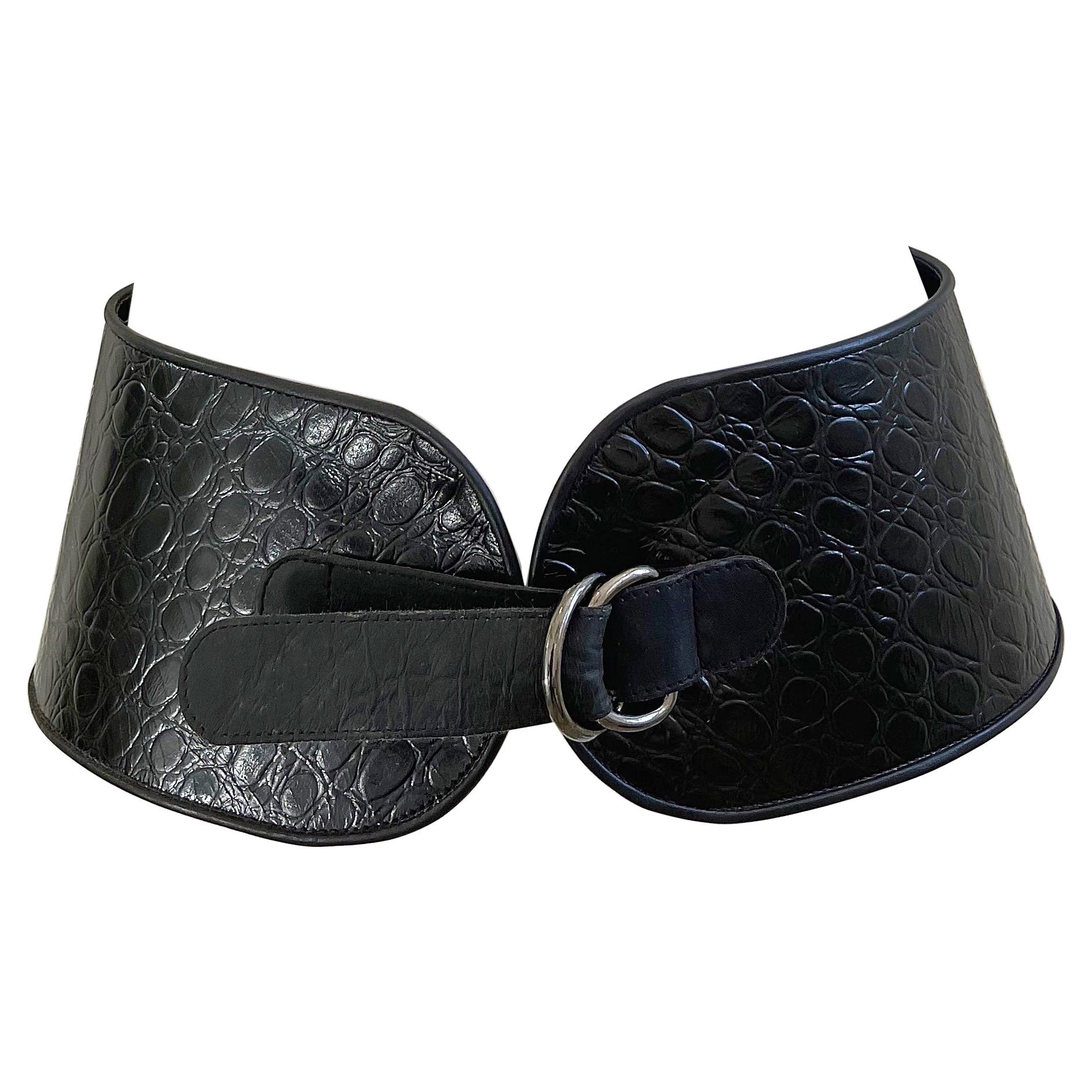 Yves Saint Laurent A/I 87 Cintura in pelle nera goffrata in crocette vintage anni '80