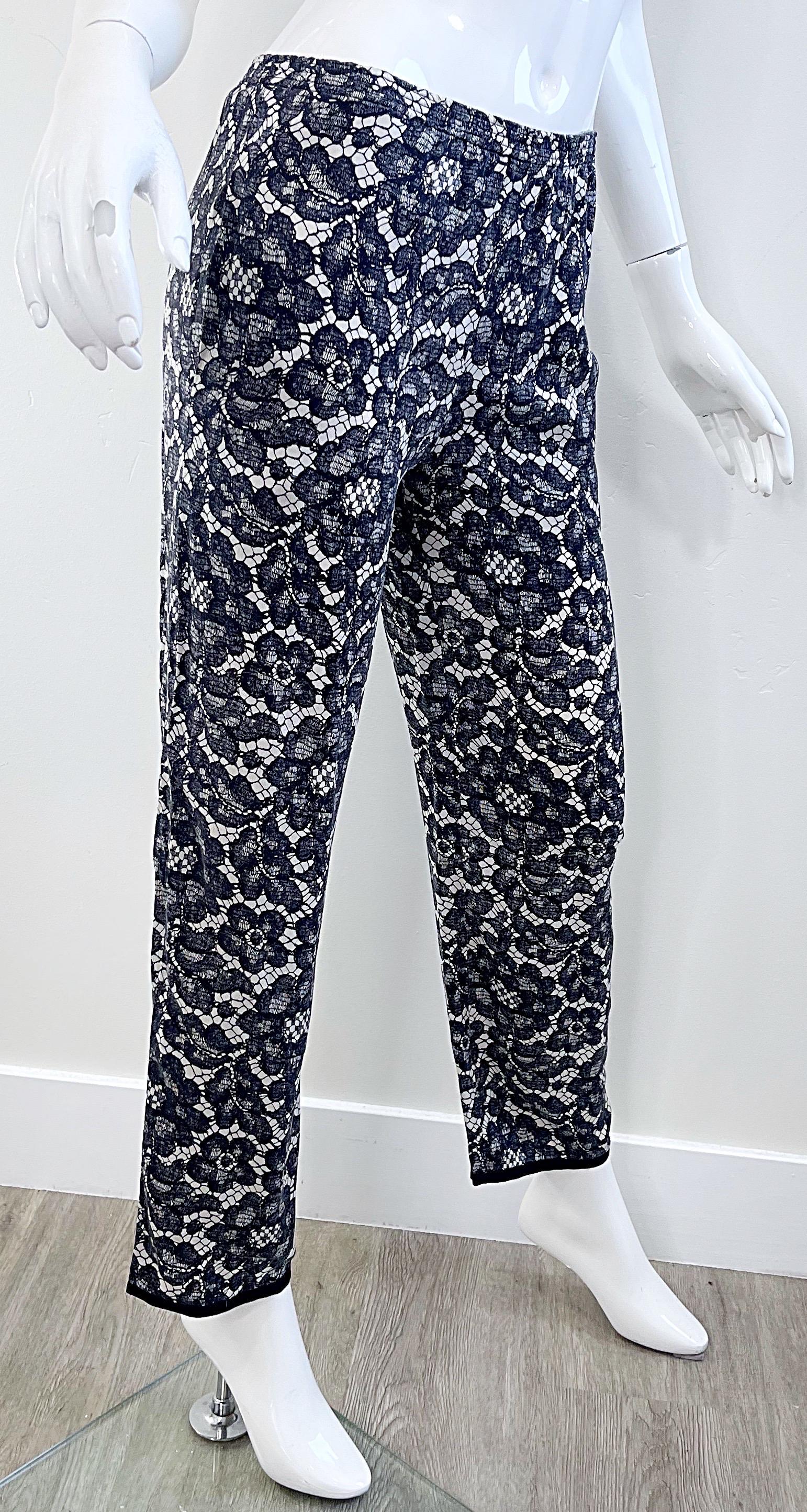 Yves Saint Laurent Fall 1984 Trompe l’oeil Black and White Lace Print Silk Pants For Sale 11