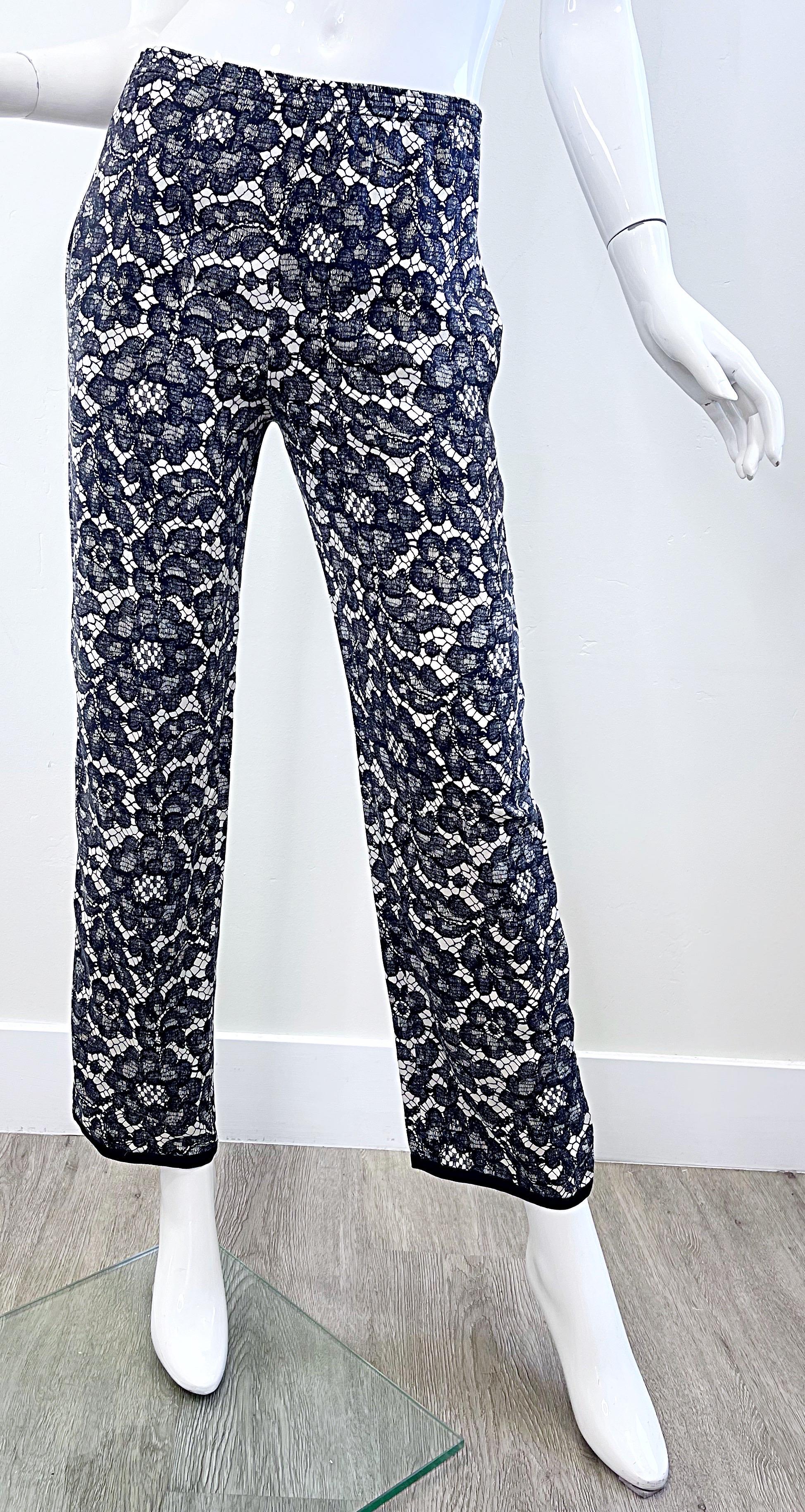 Yves Saint Laurent Fall 1984 Trompe l’oeil Black and White Lace Print Silk Pants For Sale 14