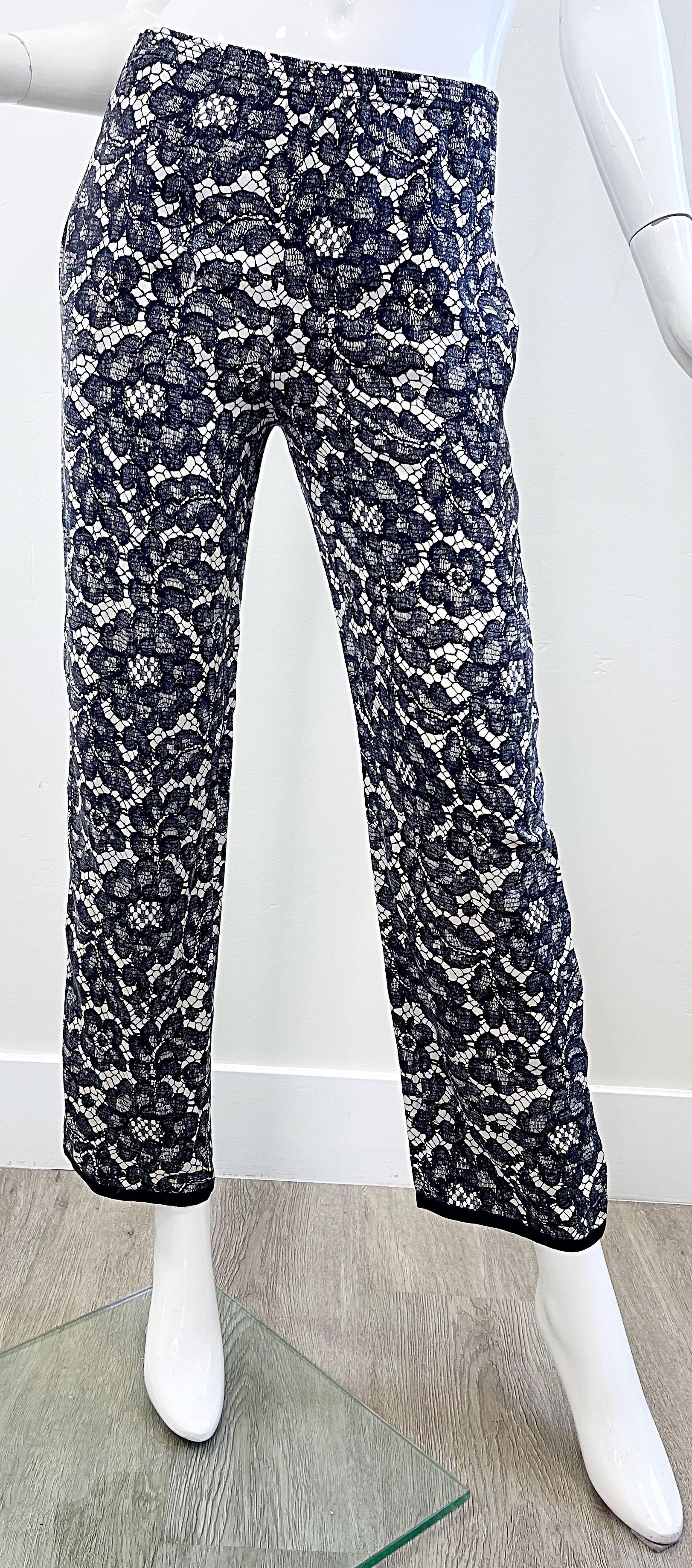 Yves Saint Laurent Fall 1984 Trompe l’oeil Black and White Lace Print Silk Pants In Excellent Condition For Sale In San Diego, CA