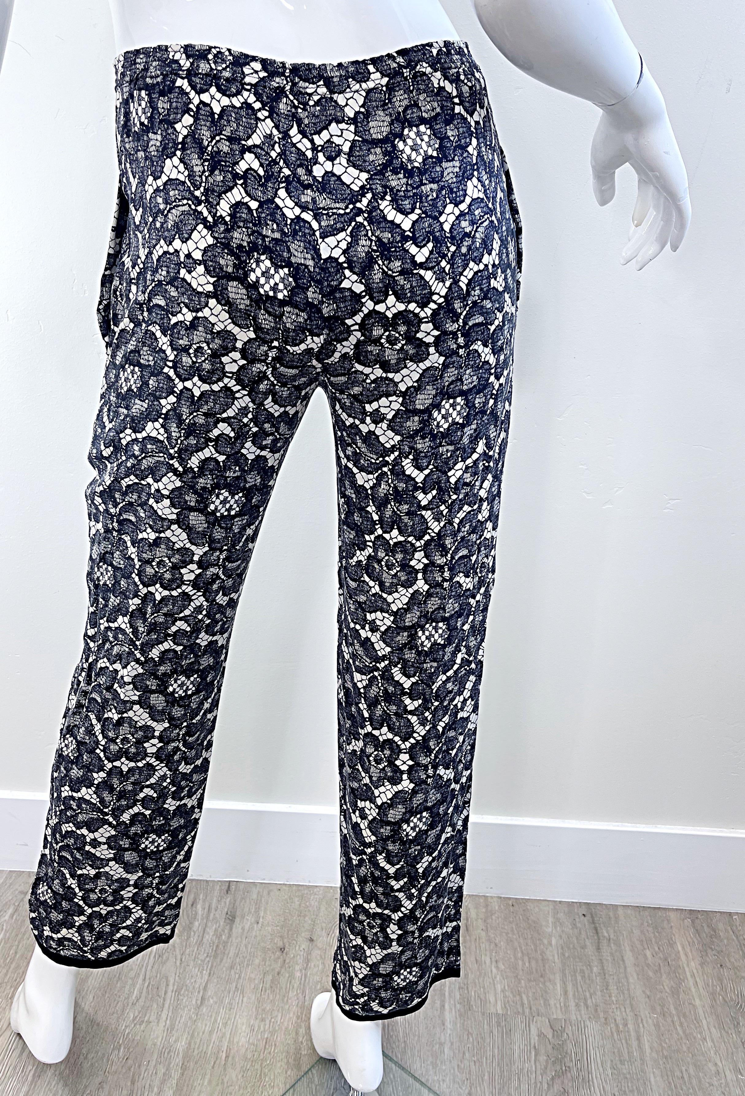 Yves Saint Laurent Fall 1984 Trompe l’oeil Black and White Lace Print Silk Pants For Sale 1
