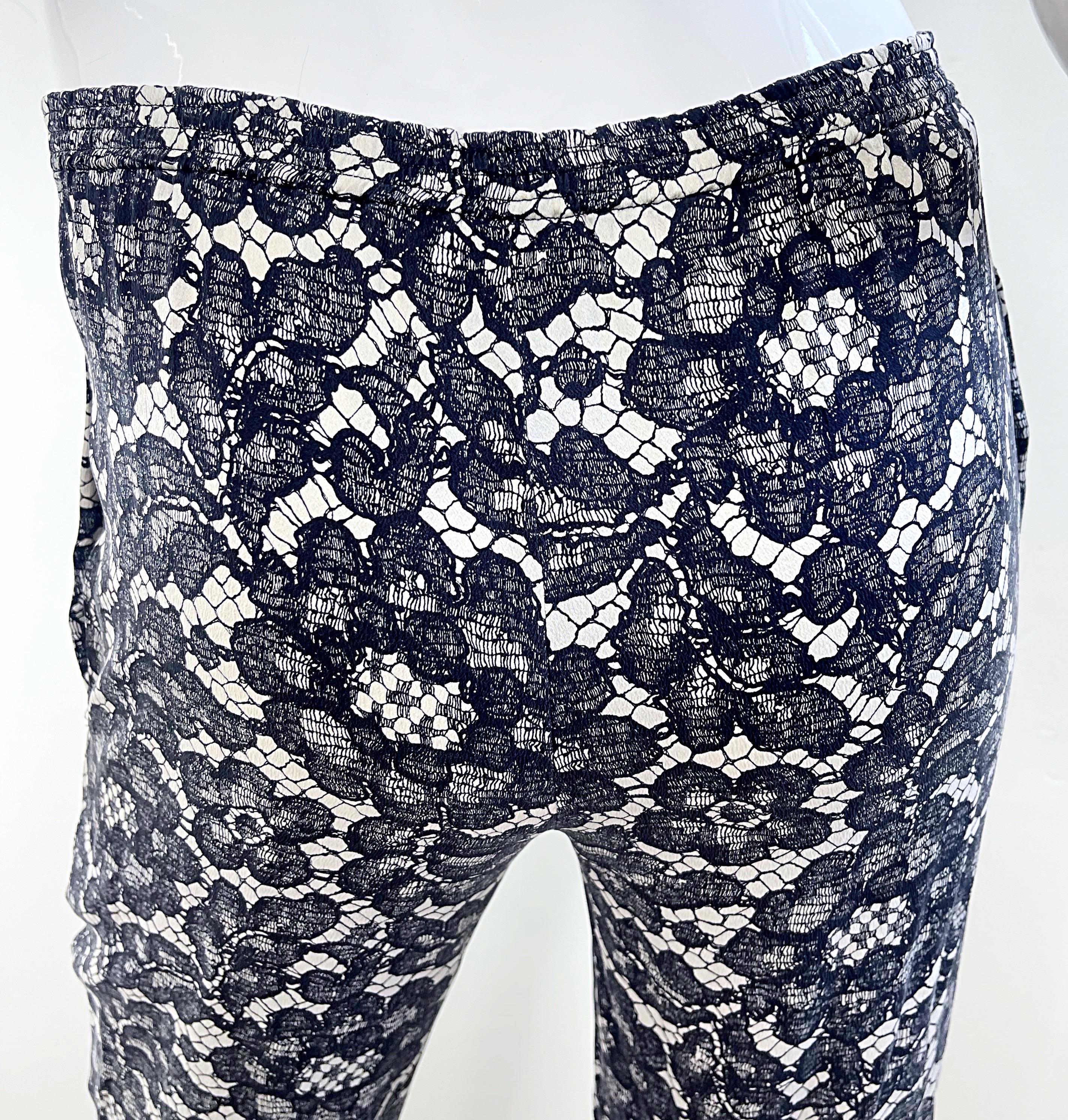 Yves Saint Laurent Fall 1984 Trompe l’oeil Black and White Lace Print Silk Pants For Sale 2
