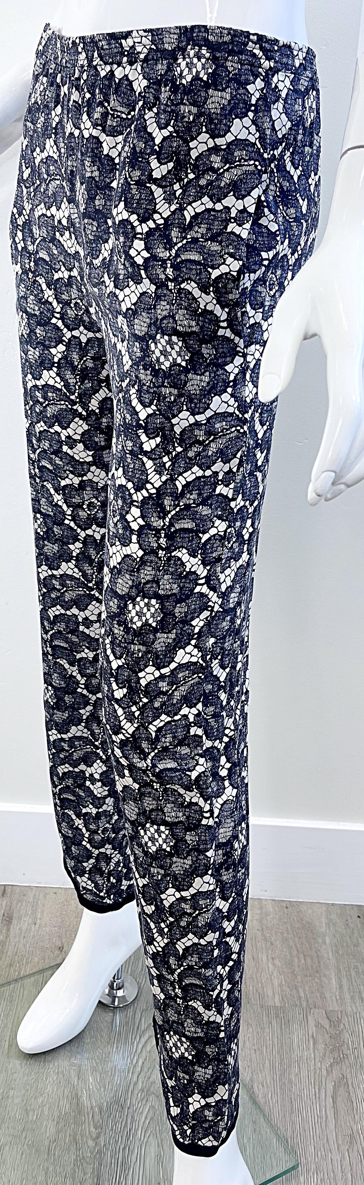 Yves Saint Laurent Fall 1984 Trompe l’oeil Black and White Lace Print Silk Pants For Sale 3