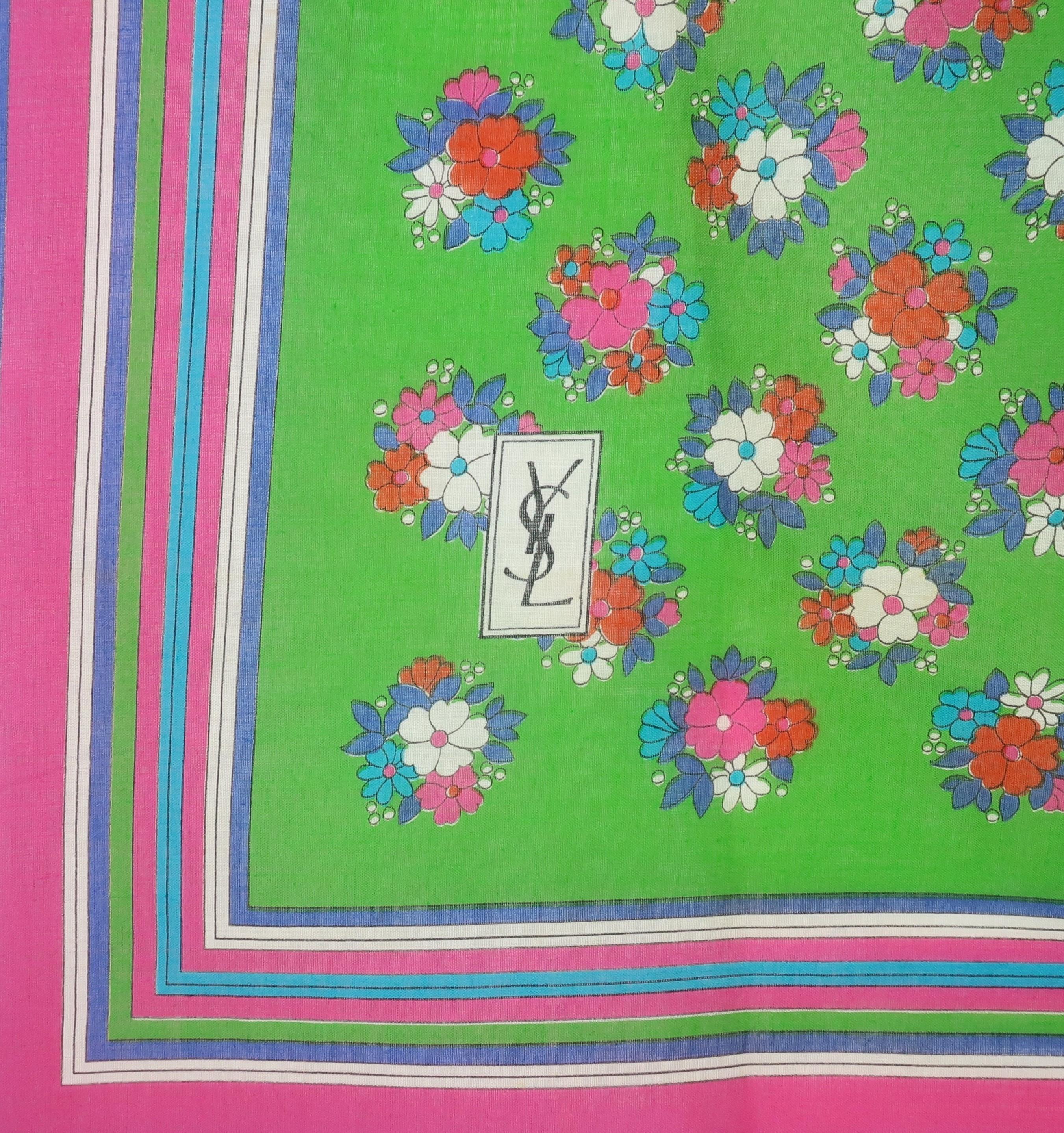 Yves Saint Laurent Fine Cotton Floral Scarf, 1970's In Good Condition In Atlanta, GA
