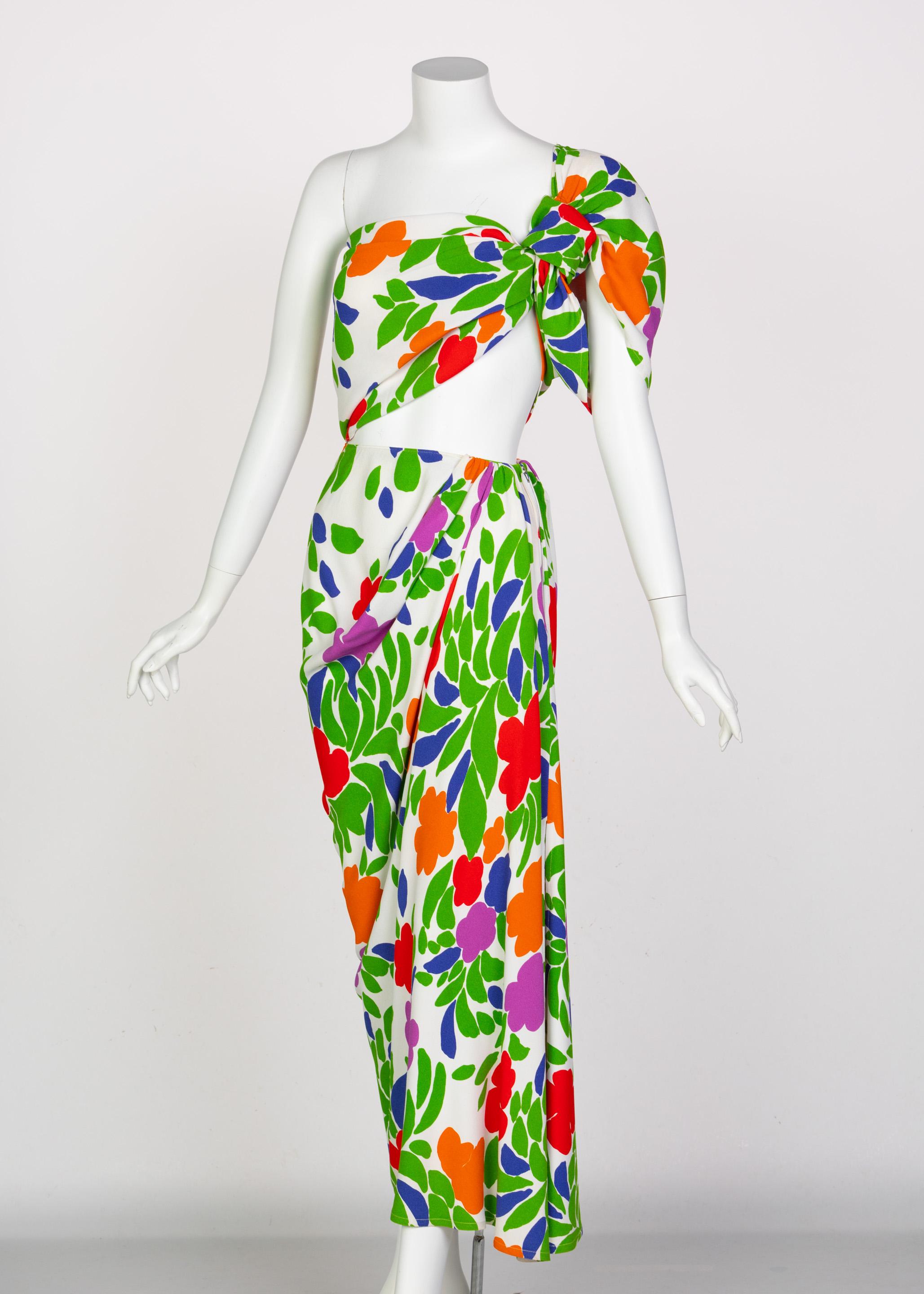 Gray Yves Saint Laurent Floral Draped One Shoulder Top Skirt Ensemble YSL, 1970s