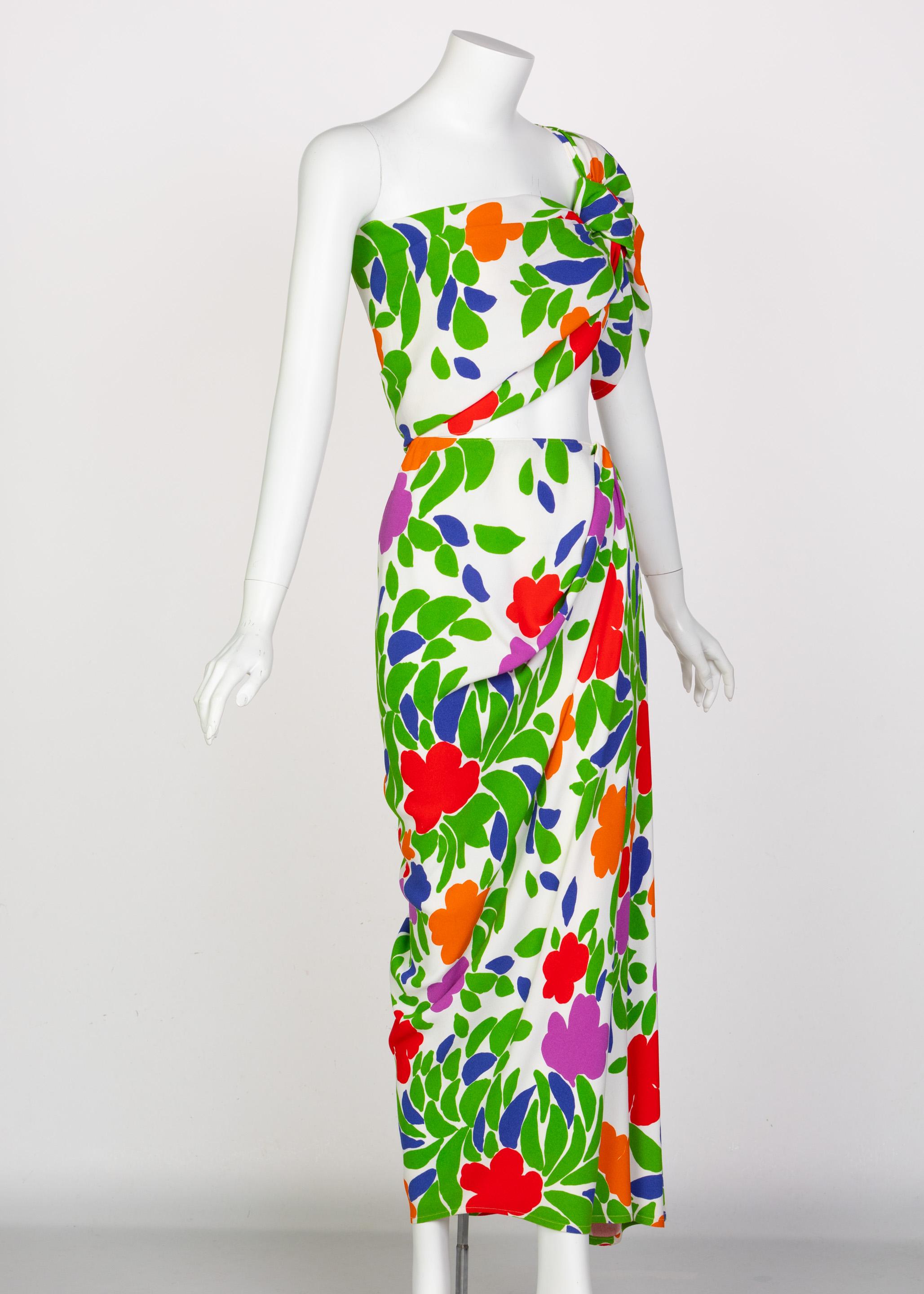Yves Saint Laurent Floral Draped One Shoulder Top Skirt Ensemble YSL, 1970s In Good Condition In Boca Raton, FL