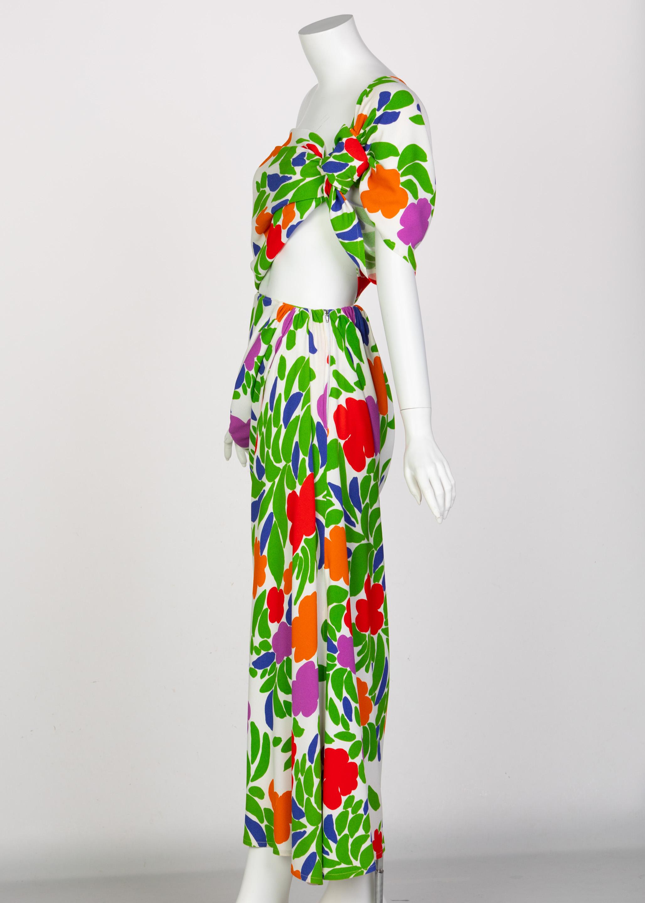 Women's Yves Saint Laurent Floral Draped One Shoulder Top Skirt Ensemble YSL, 1970s