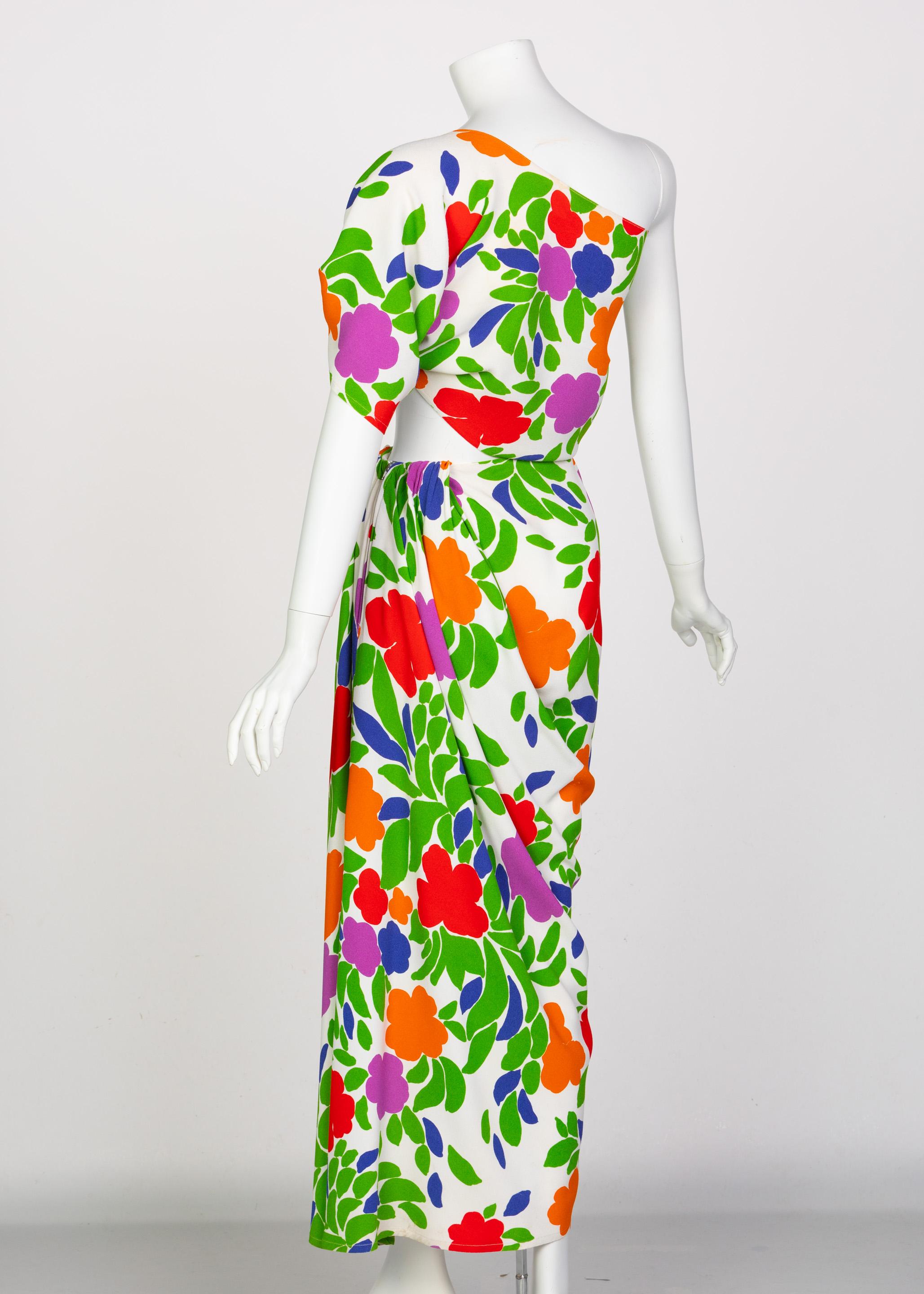 Yves Saint Laurent Floral Draped One Shoulder Top Skirt Ensemble YSL, 1970s 1