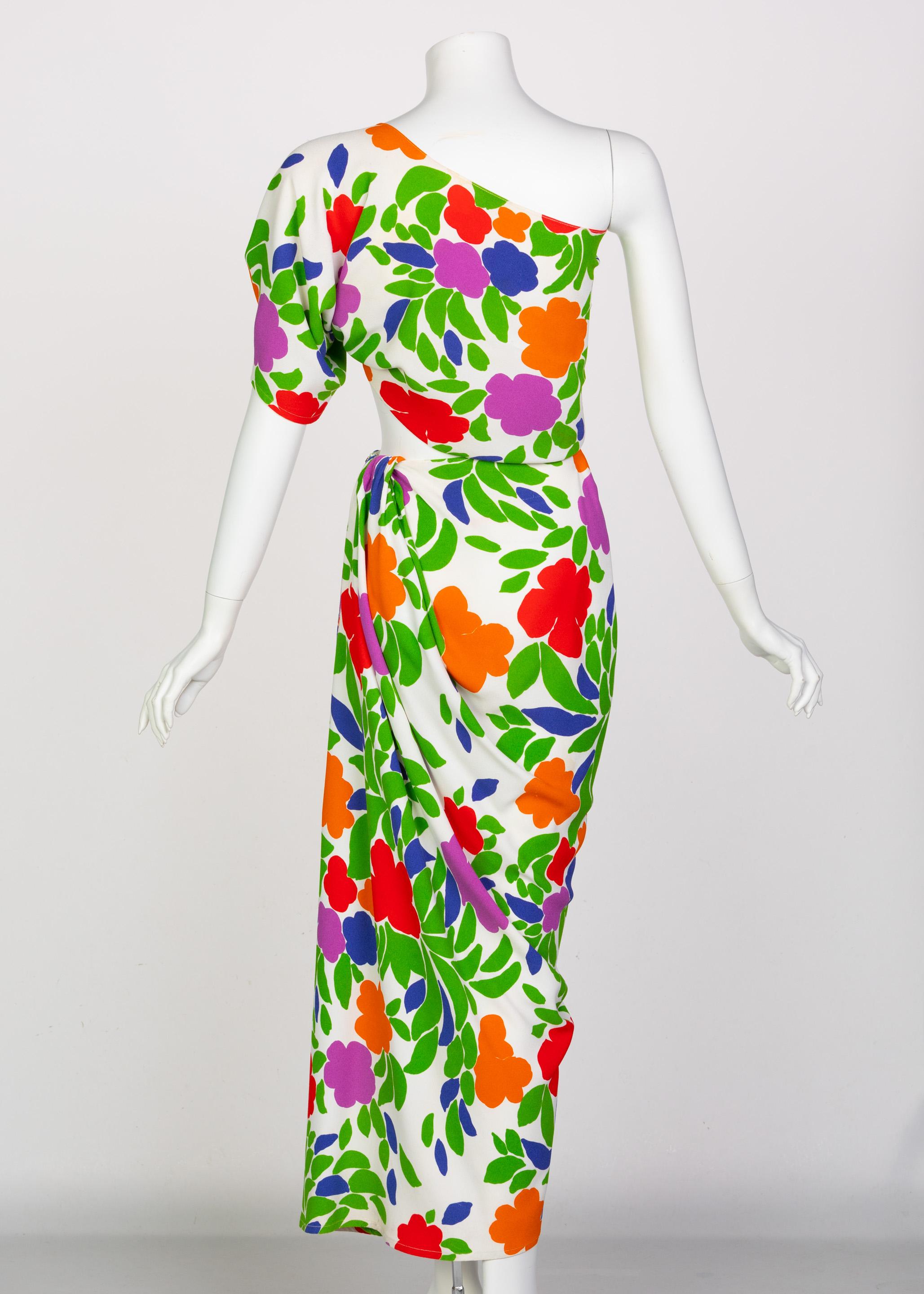 Yves Saint Laurent Floral Draped One Shoulder Top Skirt Ensemble YSL, 1970s 2