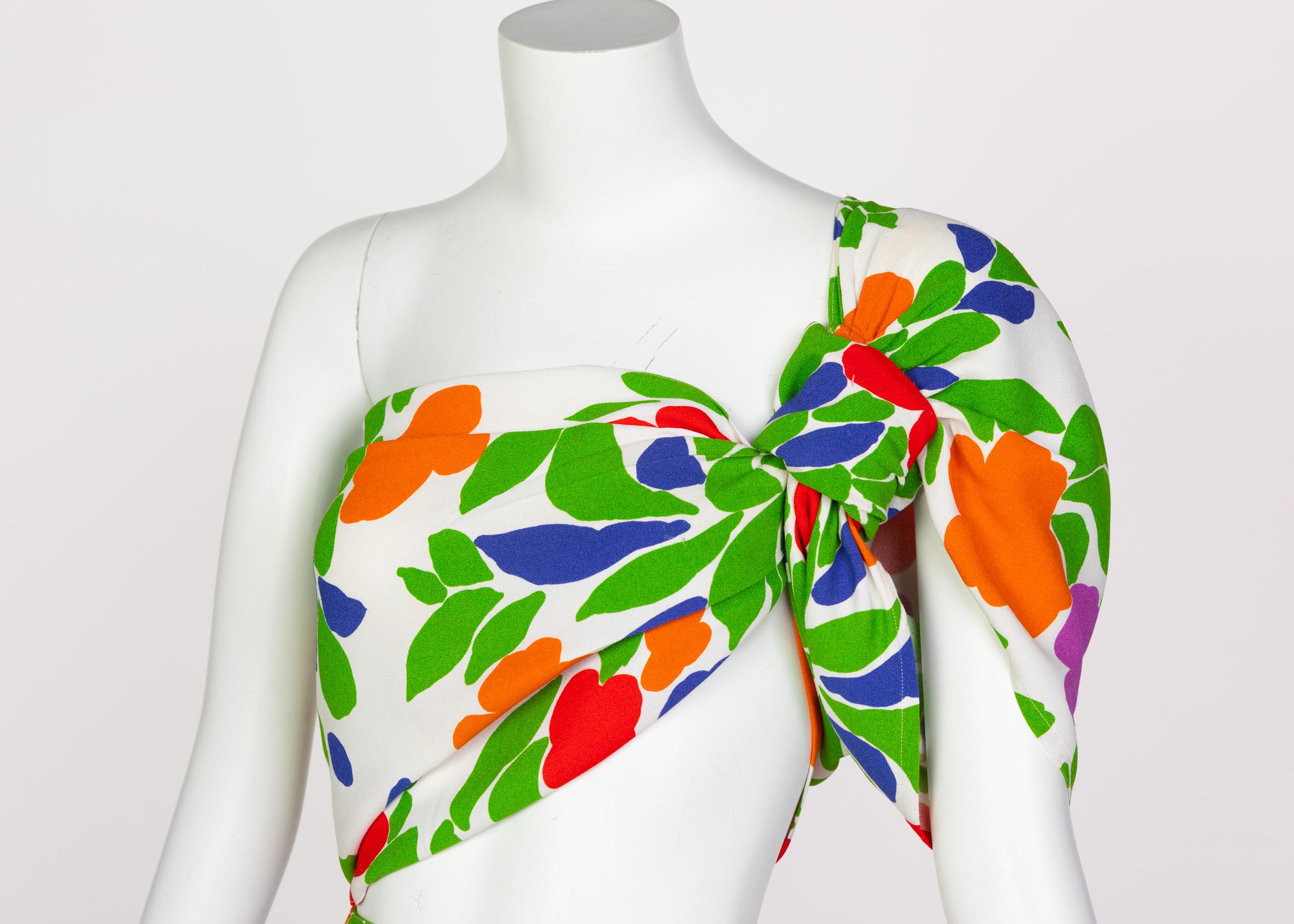 Yves Saint Laurent Floral Draped One Shoulder Top Skirt Ensemble YSL, 1970s 3