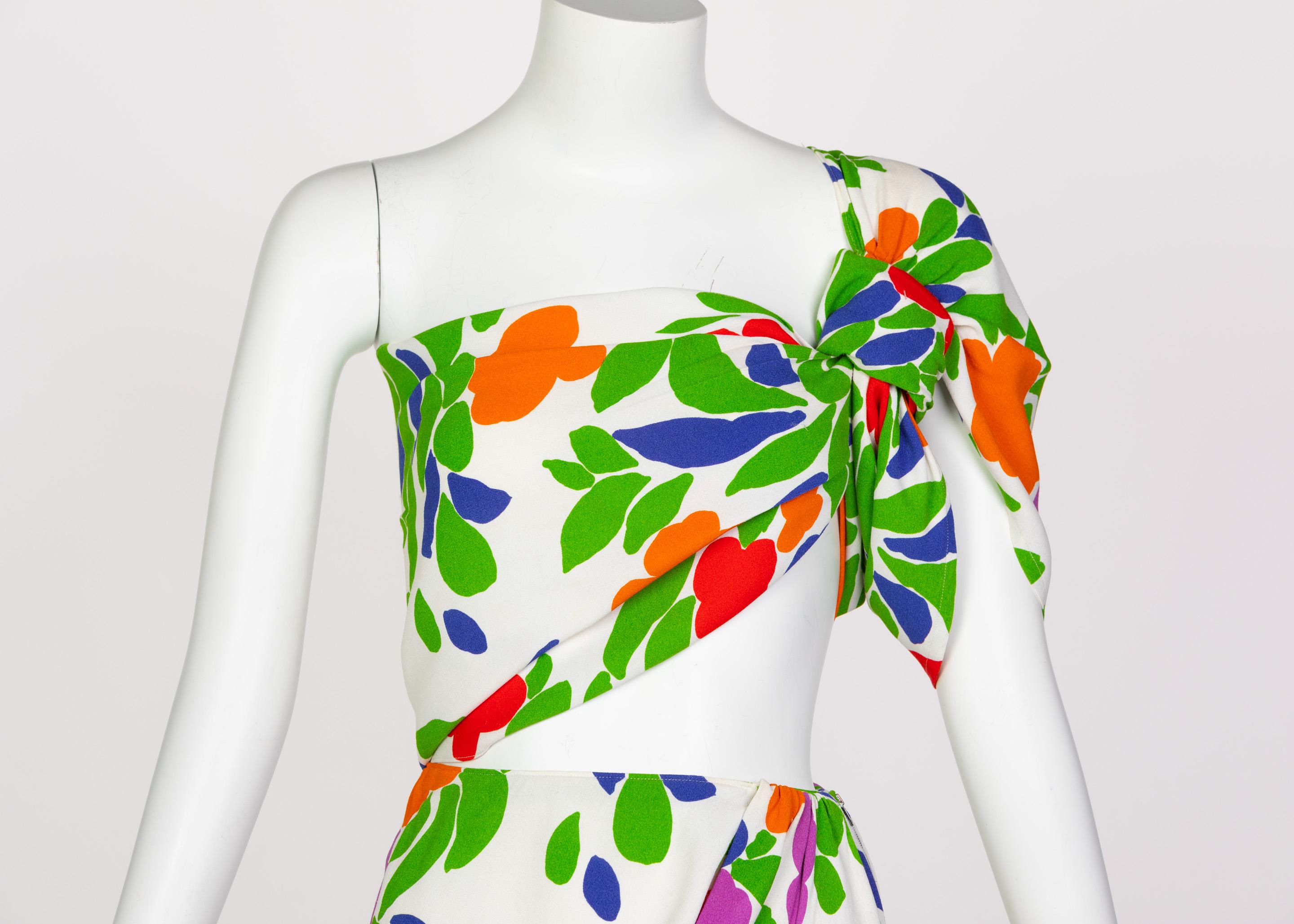 Yves Saint Laurent Floral Draped One Shoulder Top Skirt Ensemble YSL, 1970s 4