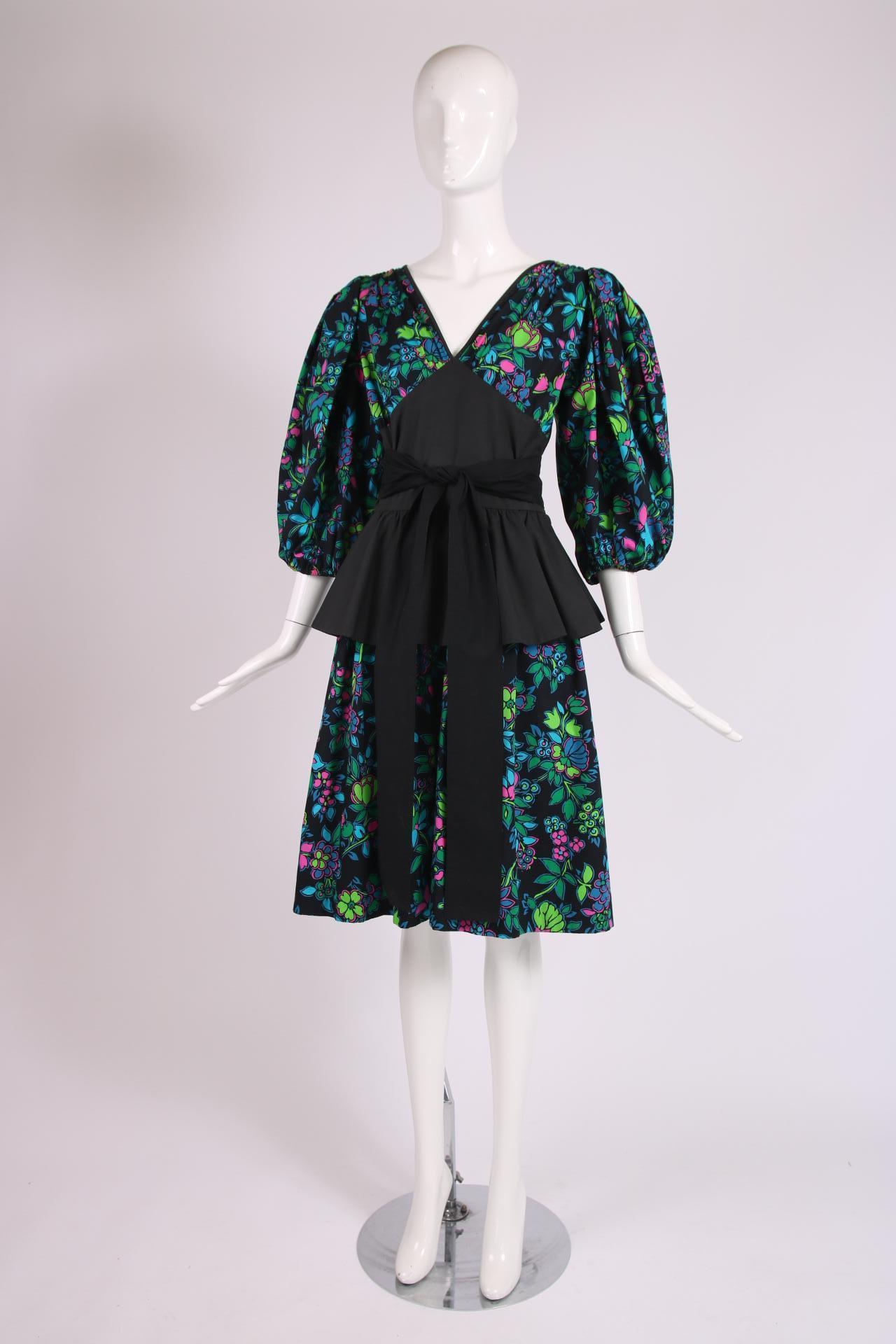 Yves Saint Laurent Floral Print Cotton Day Dress w/Black Peplum & Self Belt In Excellent Condition In Studio City, CA