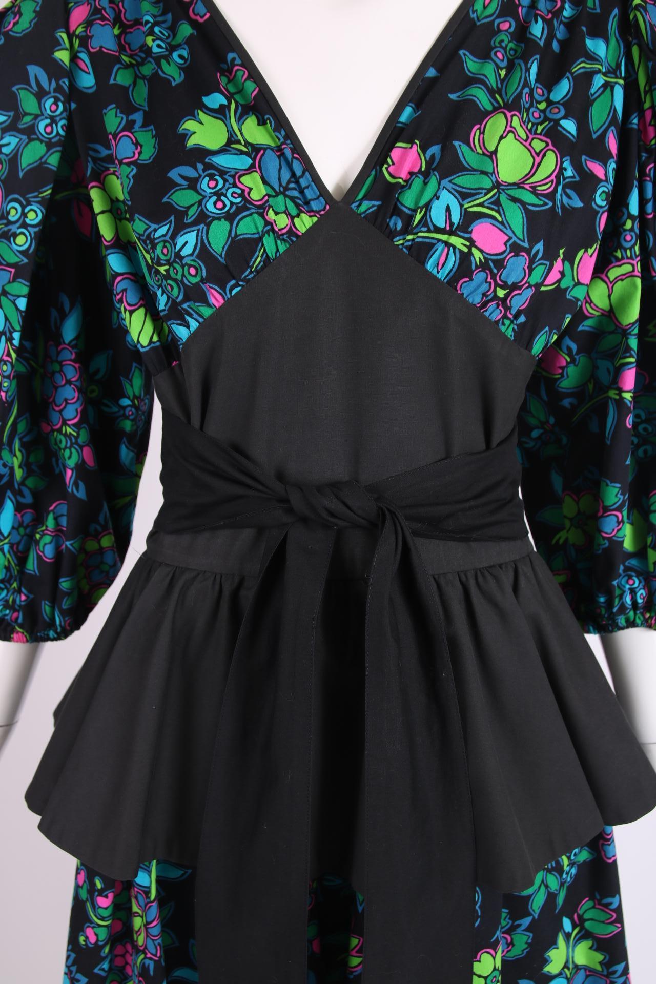 Women's Yves Saint Laurent Floral Print Cotton Day Dress w/Black Peplum & Self Belt