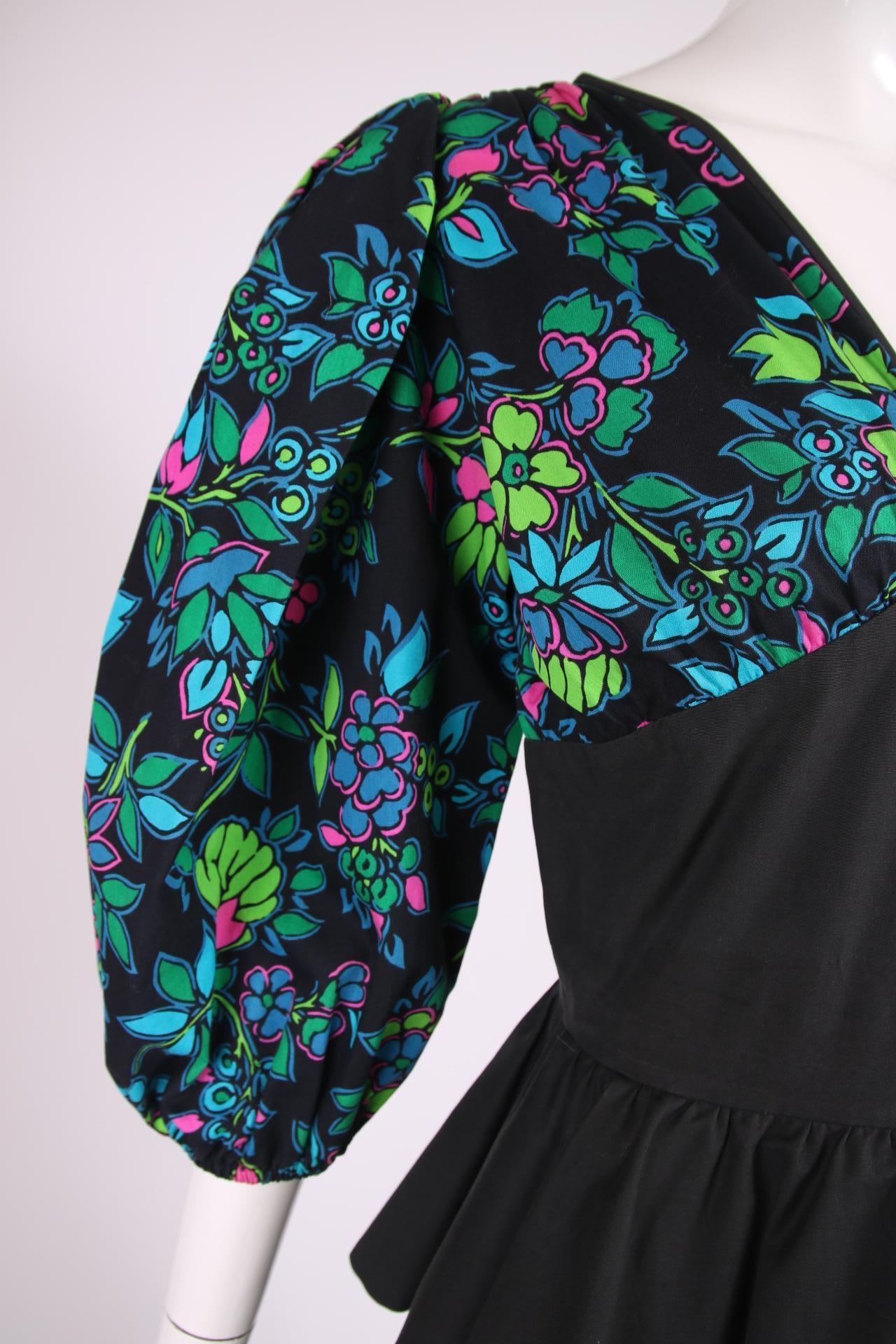 Yves Saint Laurent Floral Print Cotton Day Dress w/Black Peplum & Self Belt 1