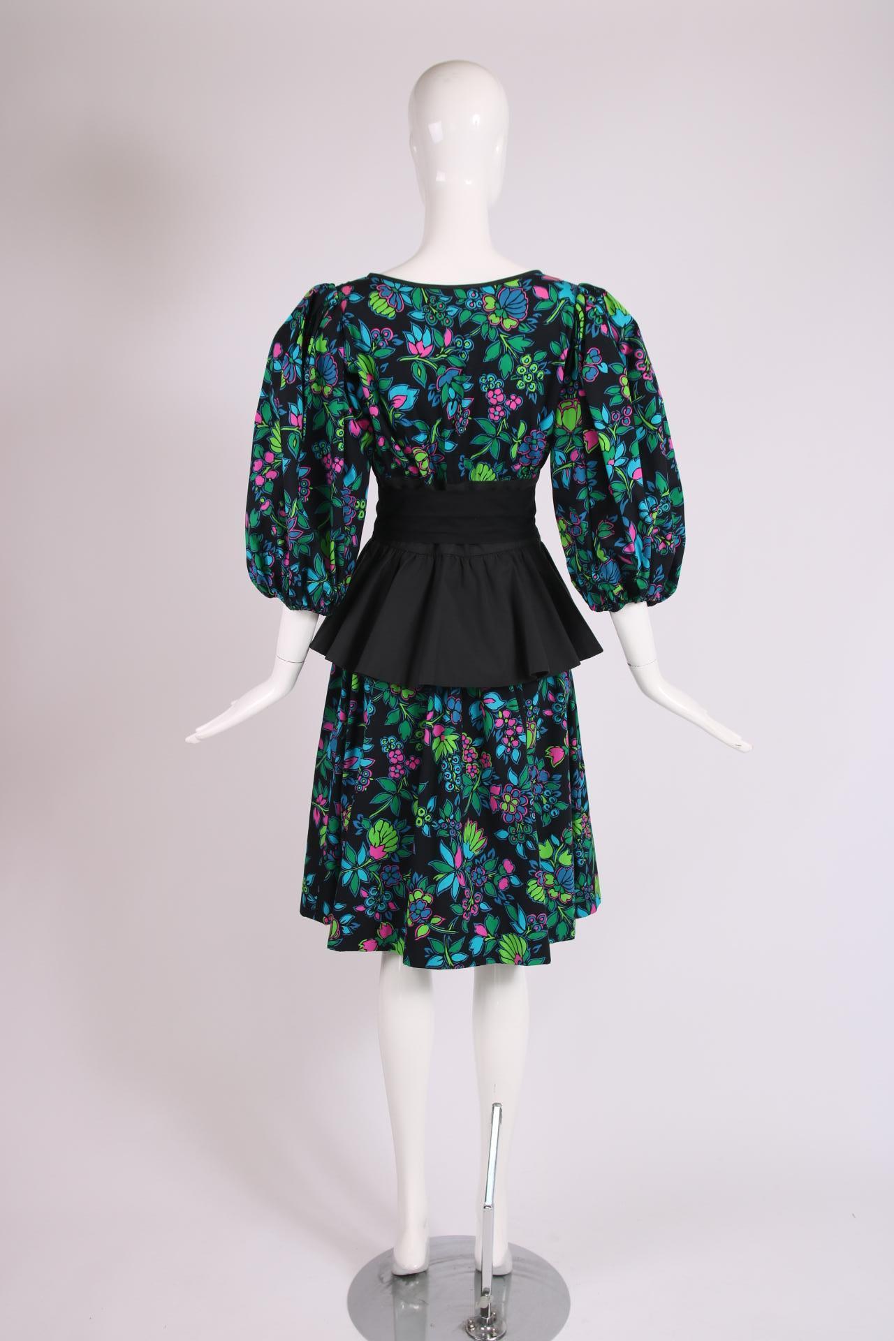 Yves Saint Laurent Floral Print Cotton Day Dress w/Black Peplum & Self Belt 2