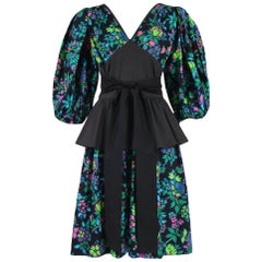 Yves Saint Laurent Floral Print Cotton Day Dress w/Black Peplum & Self Belt