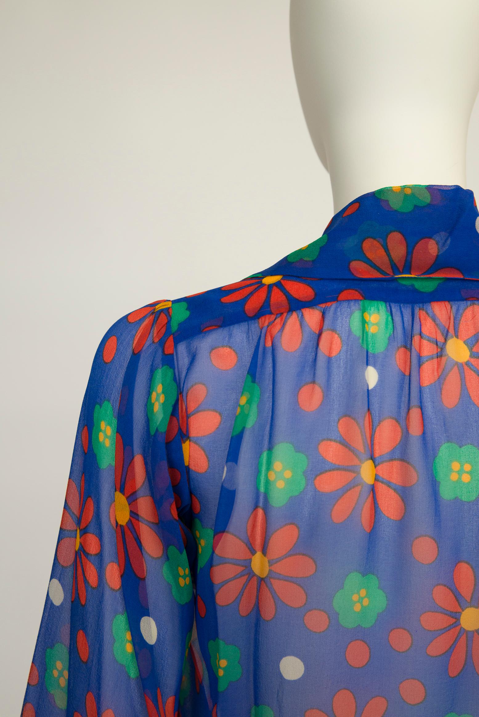 Yves Saint Laurent Runway Floral-Print Silk-Chiffon Shirt Blouse, SS1974 For Sale 9