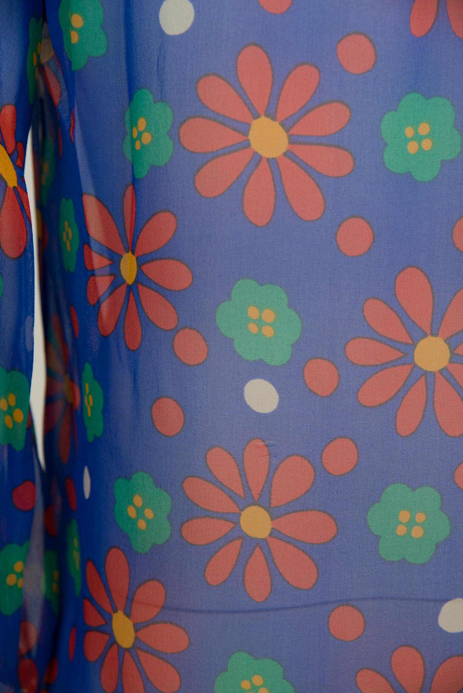Yves Saint Laurent Runway Floral-Print Silk-Chiffon Shirt Blouse, SS1974 For Sale 10