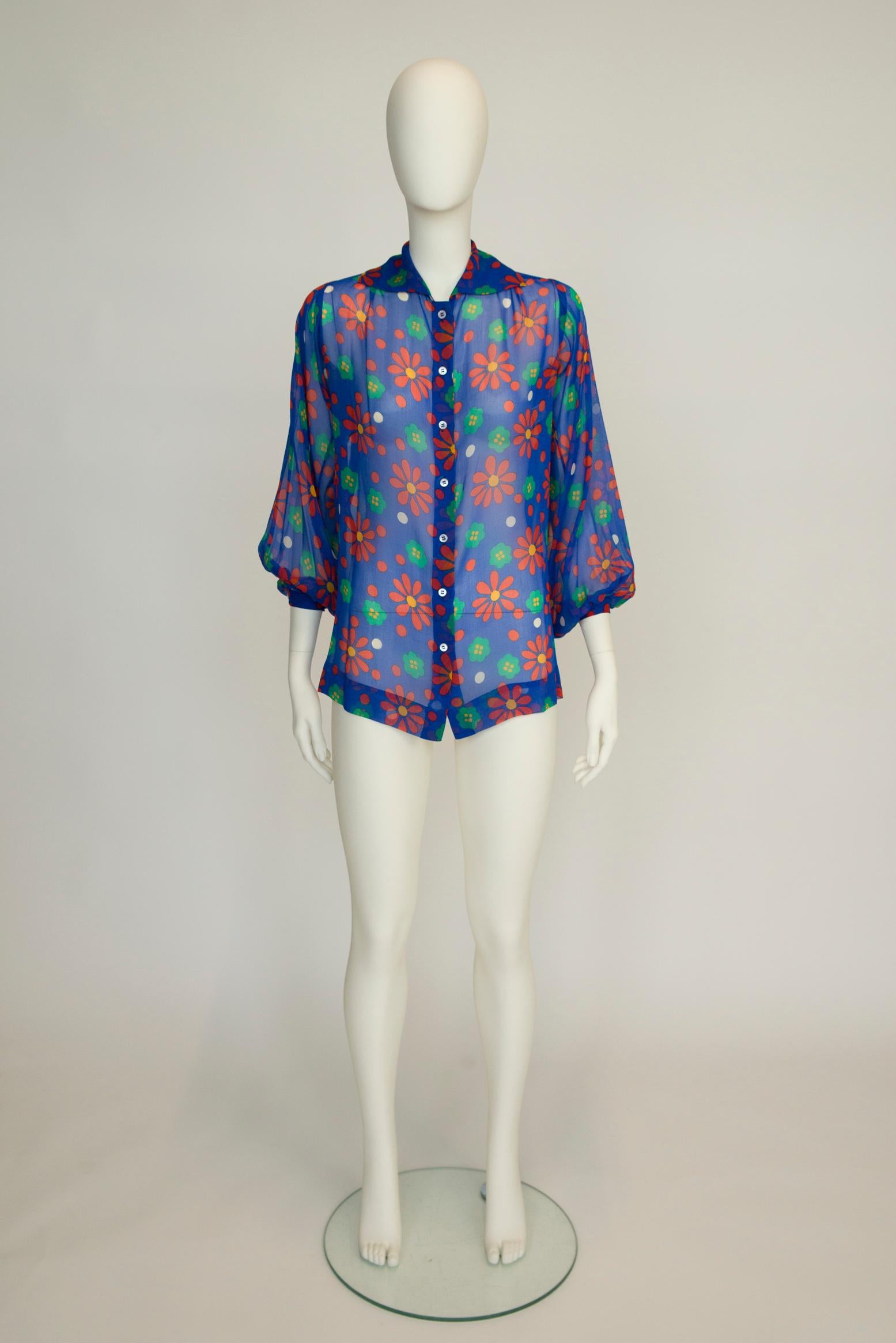 Yves Saint Laurent Runway Floral-Print Silk-Chiffon Shirt Blouse, SS1974 For Sale 1