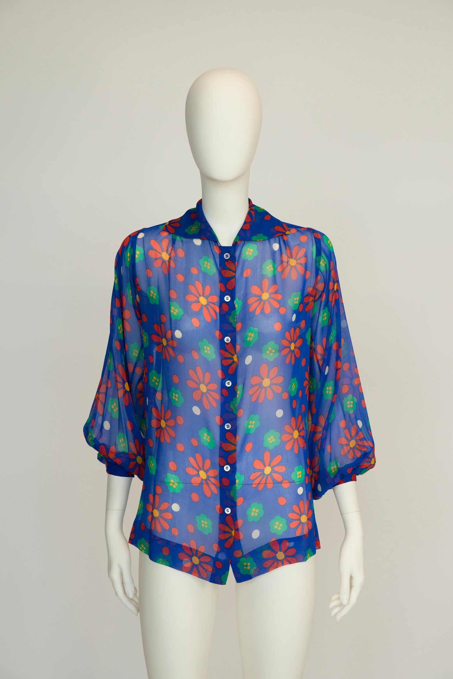 Yves Saint Laurent Runway Floral-Print Silk-Chiffon Shirt Blouse, SS1974 For Sale 2