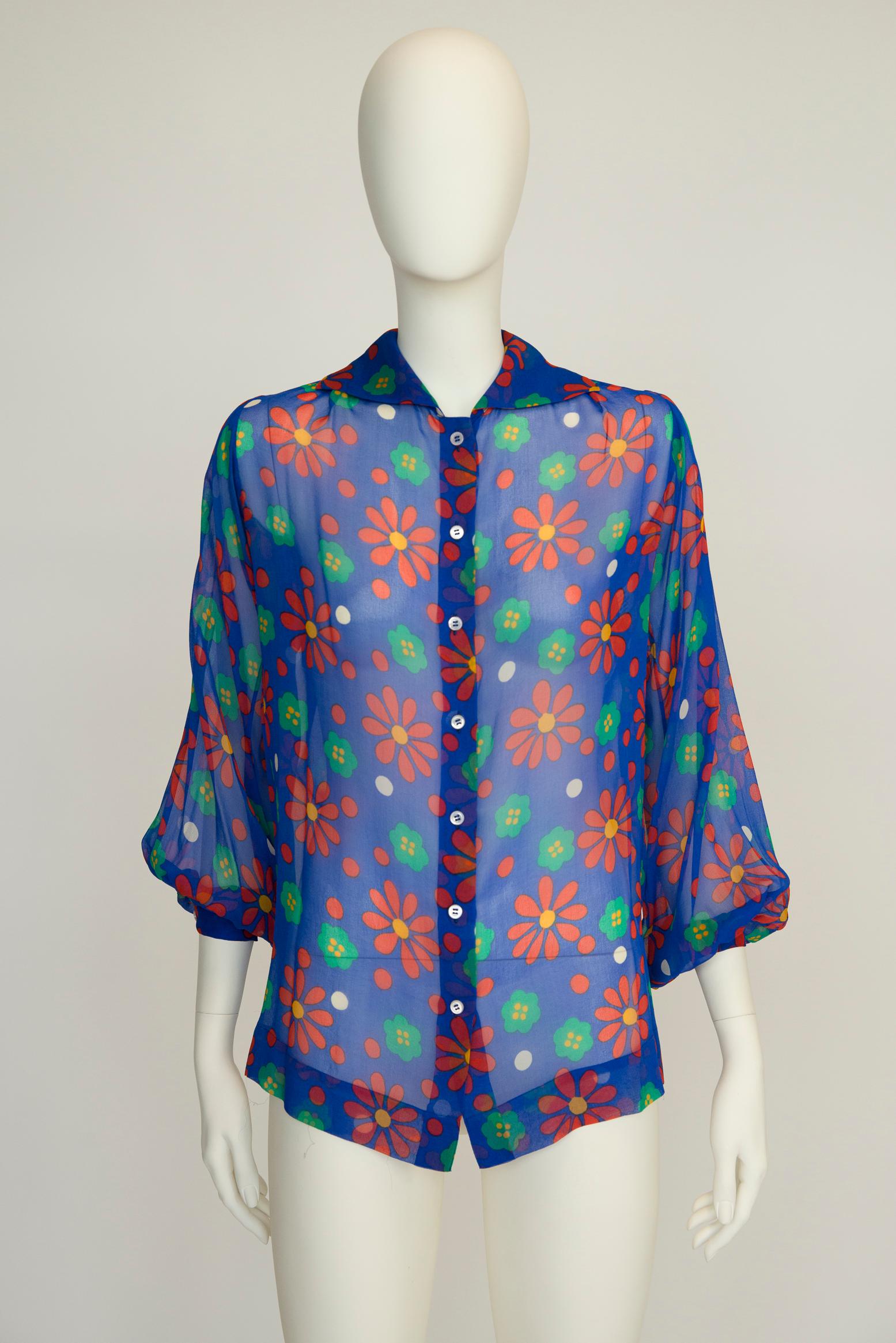Yves Saint Laurent Runway Floral-Print Silk-Chiffon Shirt Blouse, SS1974 For Sale 3