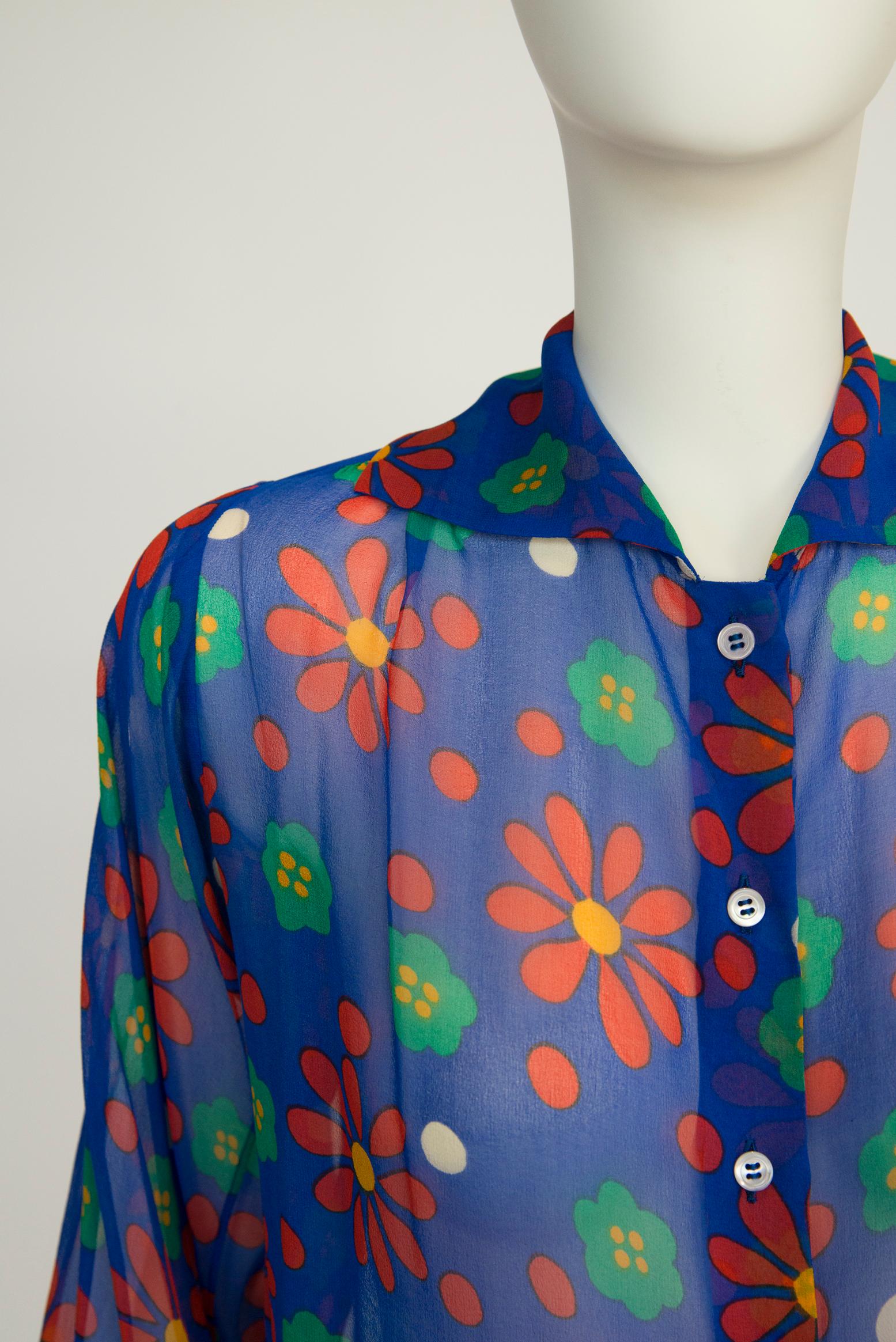 Yves Saint Laurent Runway Floral-Print Silk-Chiffon Shirt Blouse, SS1974 For Sale 4