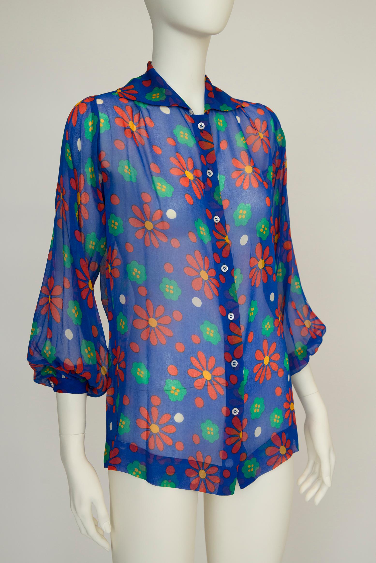 Yves Saint Laurent Runway Floral-Print Silk-Chiffon Shirt Blouse, SS1974 For Sale 5