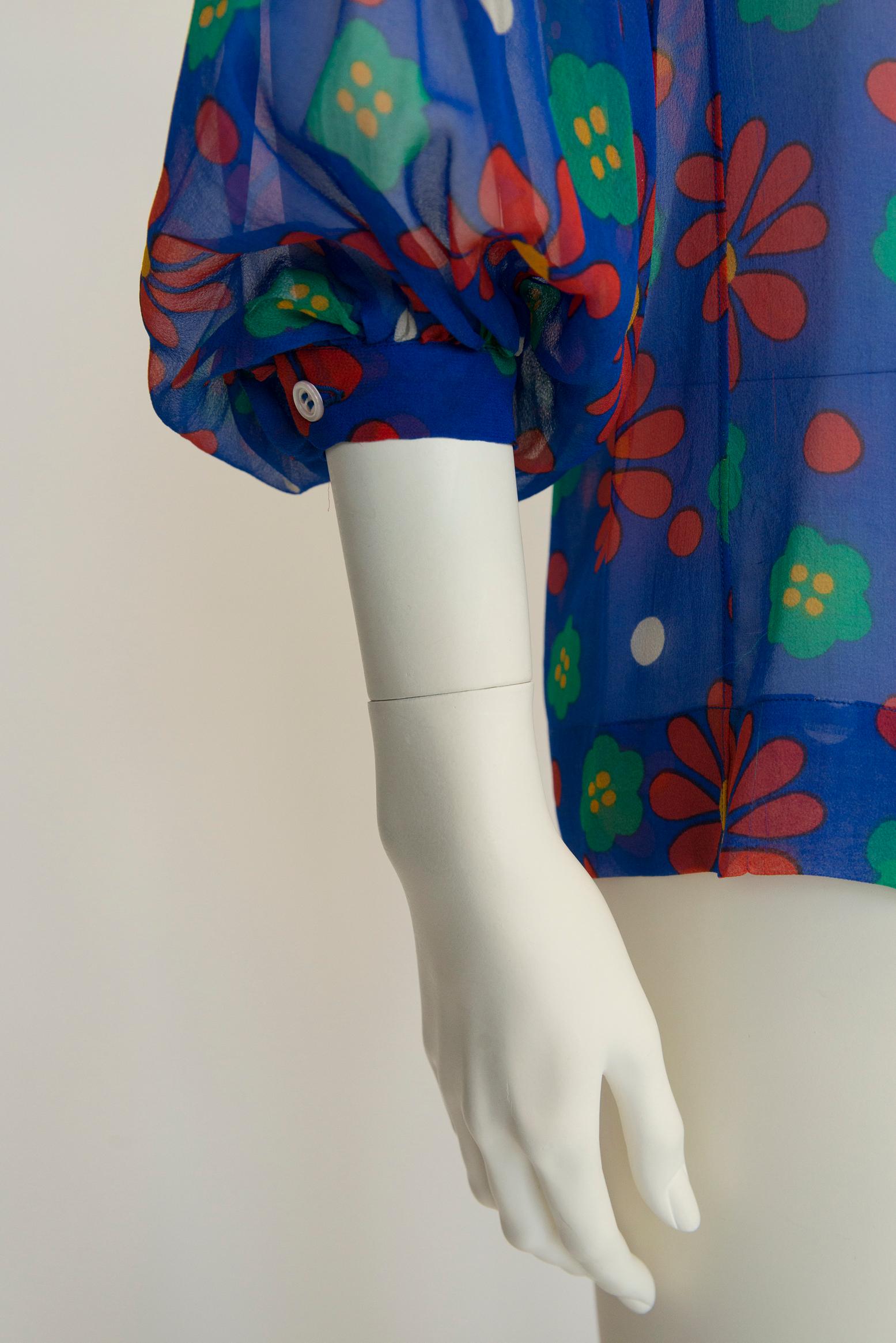 Yves Saint Laurent Runway Floral-Print Silk-Chiffon Shirt Blouse, SS1974 For Sale 6
