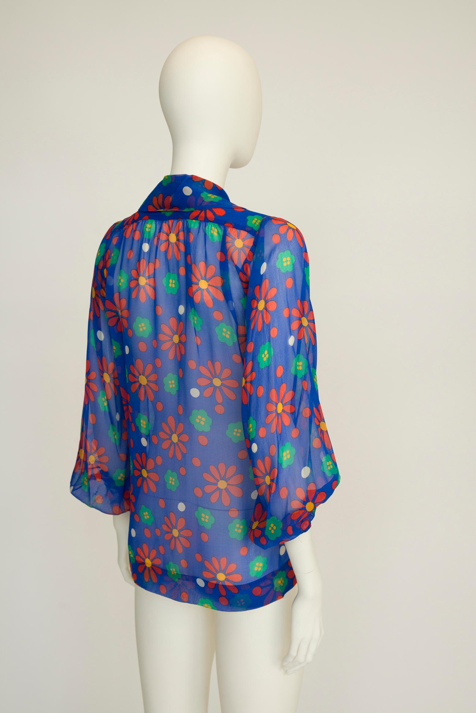 Yves Saint Laurent Runway Floral-Print Silk-Chiffon Shirt Blouse, SS1974 For Sale 7