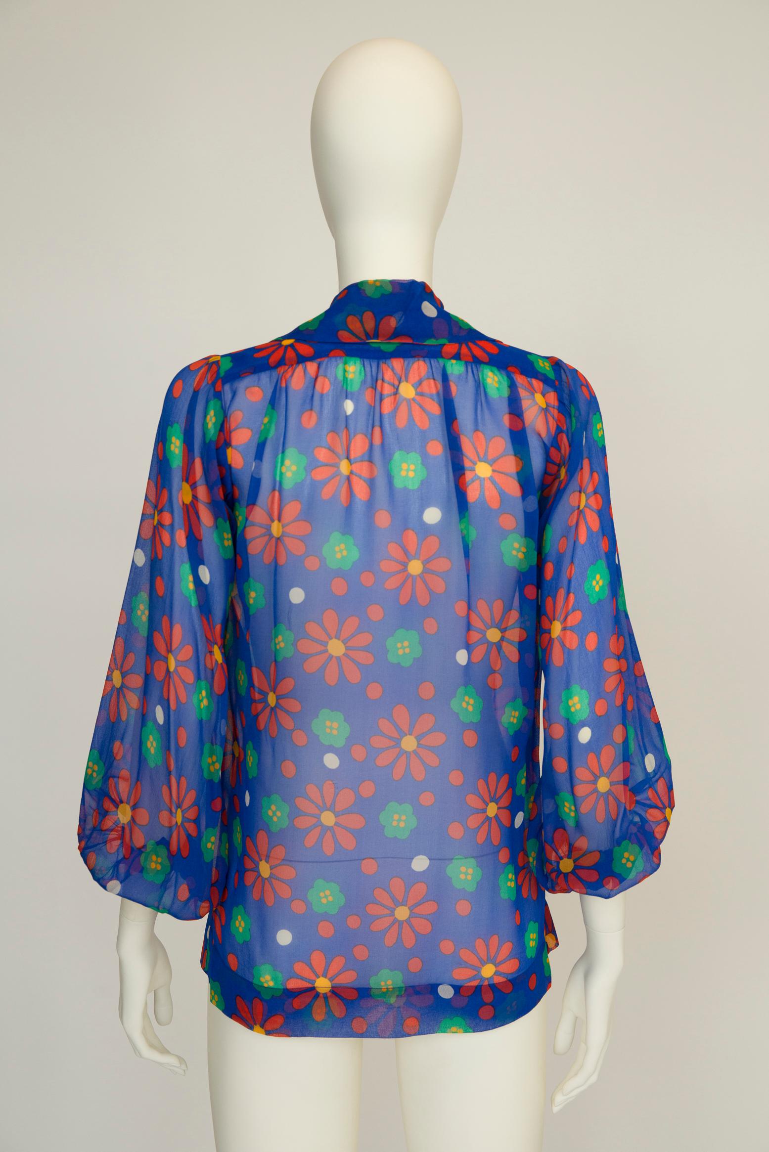 Yves Saint Laurent Runway Floral-Print Silk-Chiffon Shirt Blouse, SS1974 For Sale 8